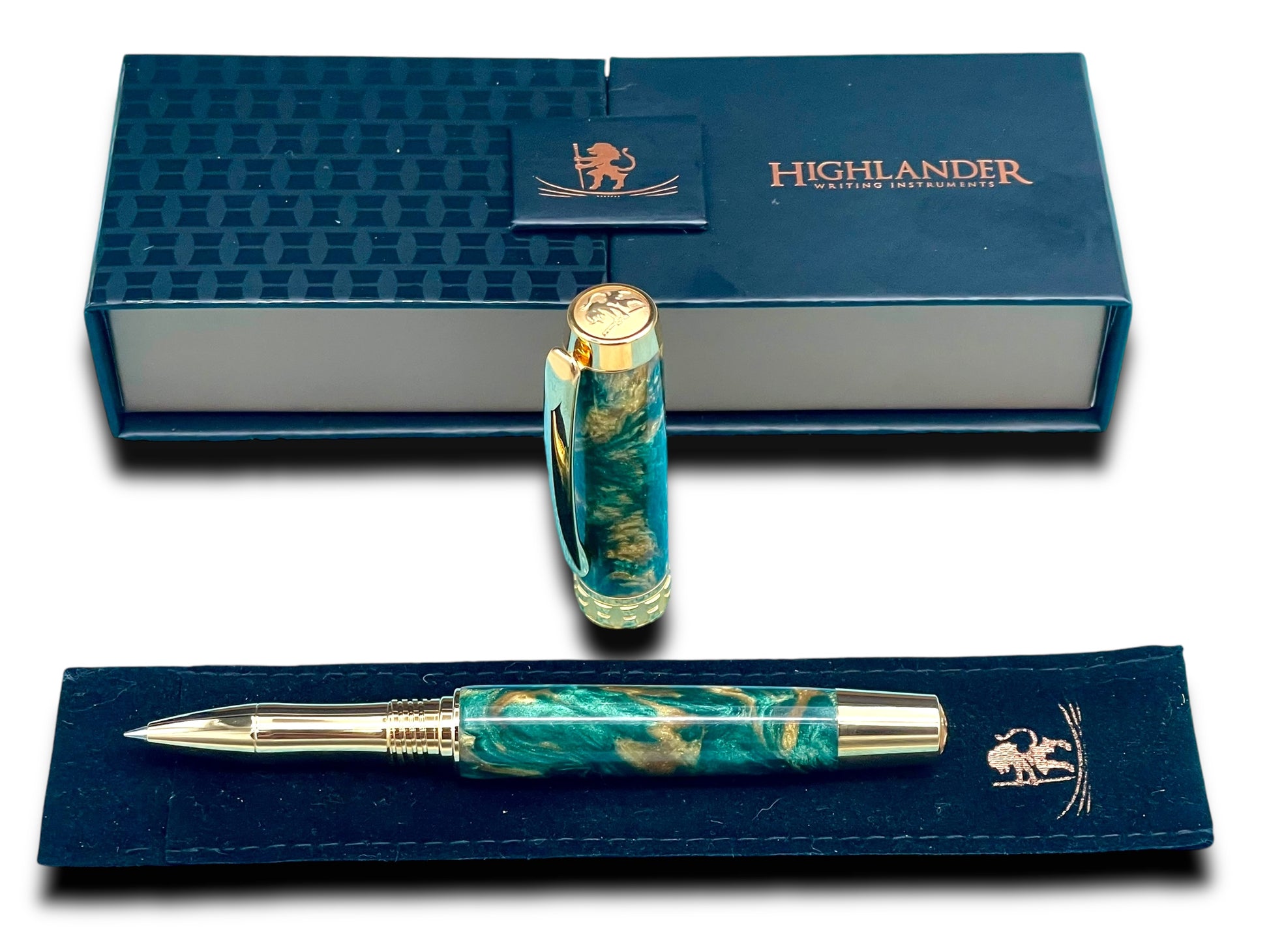 Timeless “British Racing Green” Handcrafted Gold Rollerball Pen, One of a Kind, Handmade in Colorado. Ink, Velvet Sleeve, & Pen Box Included - HighlanderPen