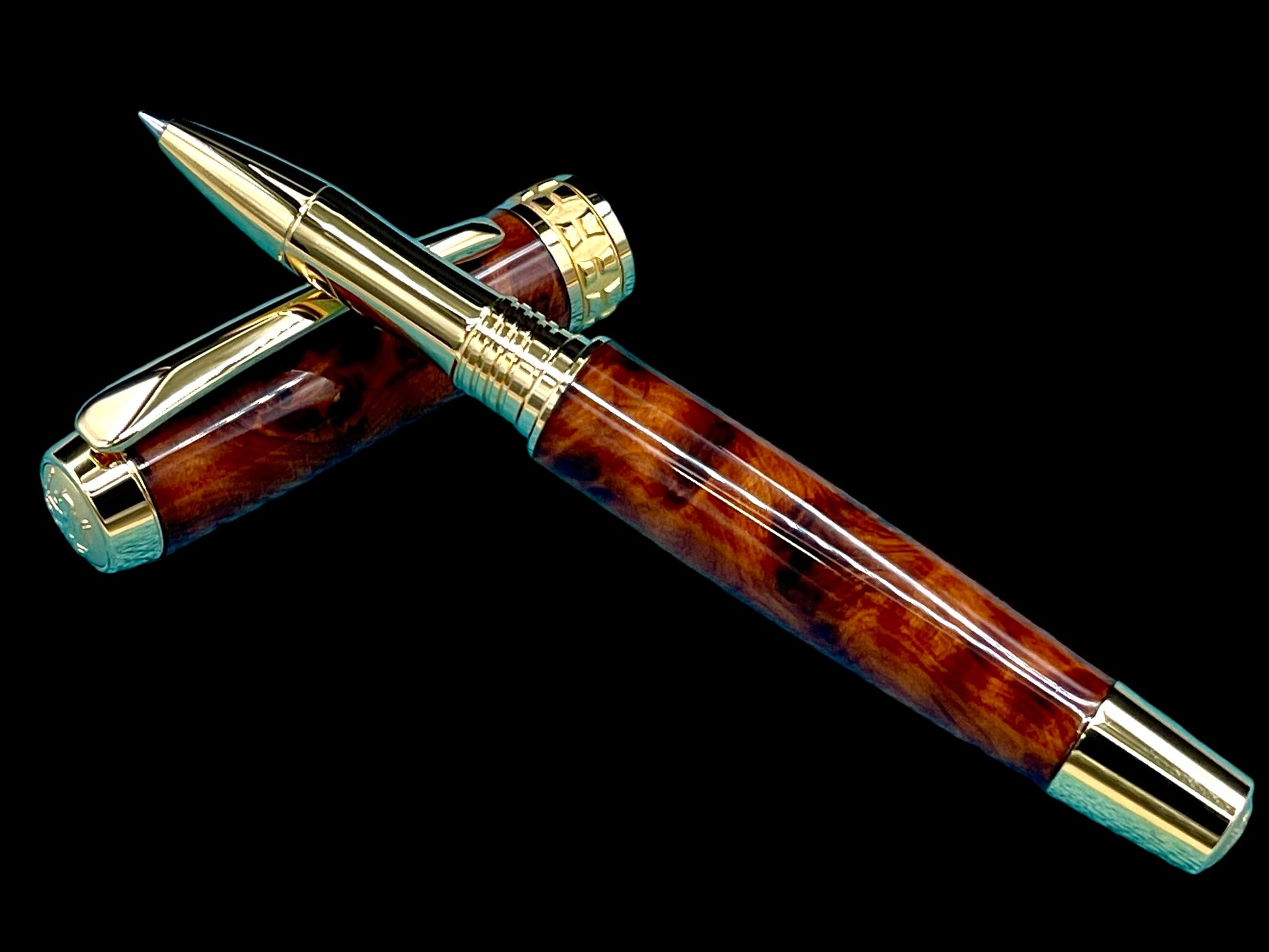 Exotic Thuya Burl Wood~Highlander Handcrafted Gold Rollerball Pen, One of a Kind, Handmade in CO. Ink, Velvet Sleeve, and Pen Box Included. (ML-RB-0926-03) - HighlanderPen