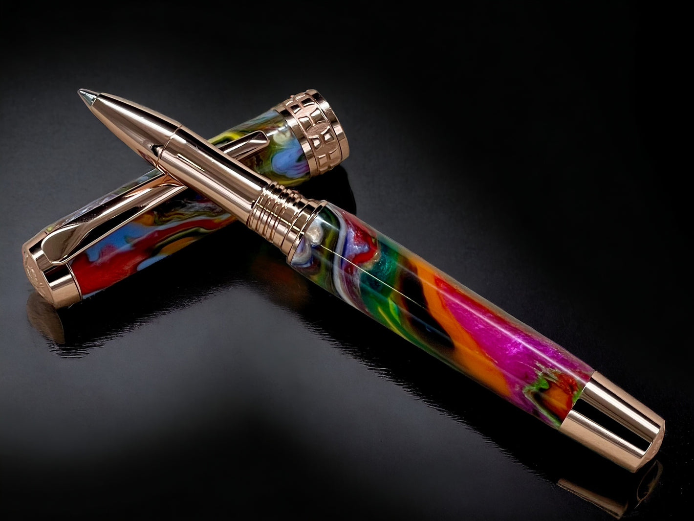 Rose Gold Rollerball Pen, Artisan Handcrafted Writing Instrument. Handmade with Custom Hardware in CO. One of a Kind. "Crazy Colors" - HighlanderPen