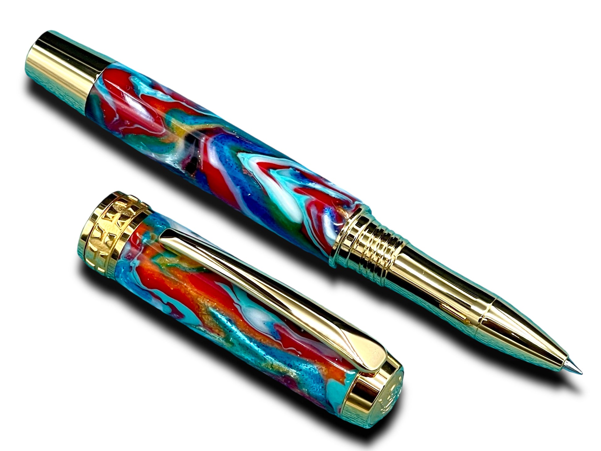 Whimsical “Color Explosion” Handcrafted Gold Rollerball Pen, One of a Kind, Handmade in Colorado. Ink, Velvet Sleeve, and Pen Box Included. - HighlanderPen