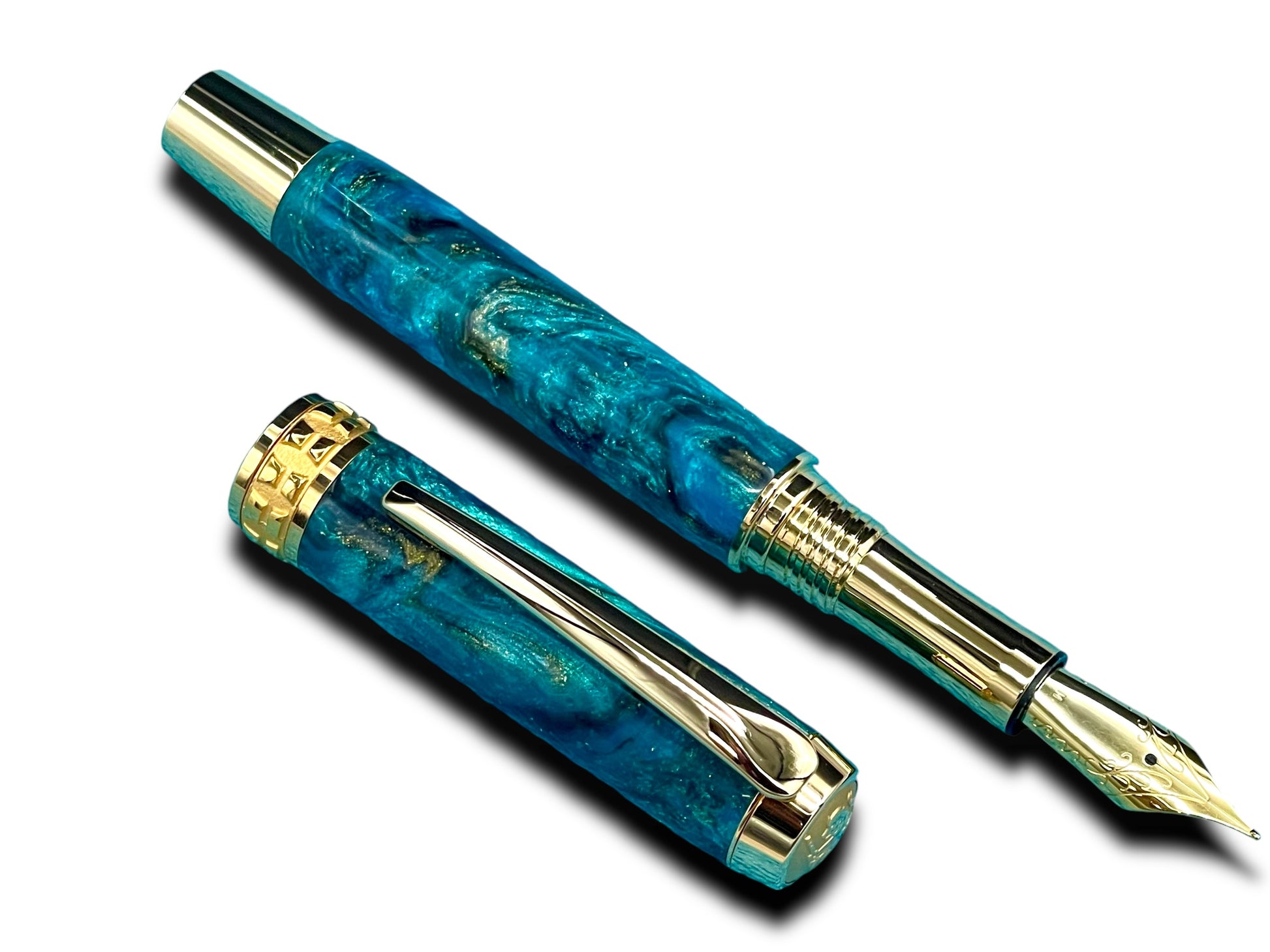 Elegant “Teal/Black/Gold” Handcrafted Luxury Gold Fountain Pen, One of a Kind, Handmade in Colorado. Ink, Converter, Sleeve, & Box Included. - HighlanderPen