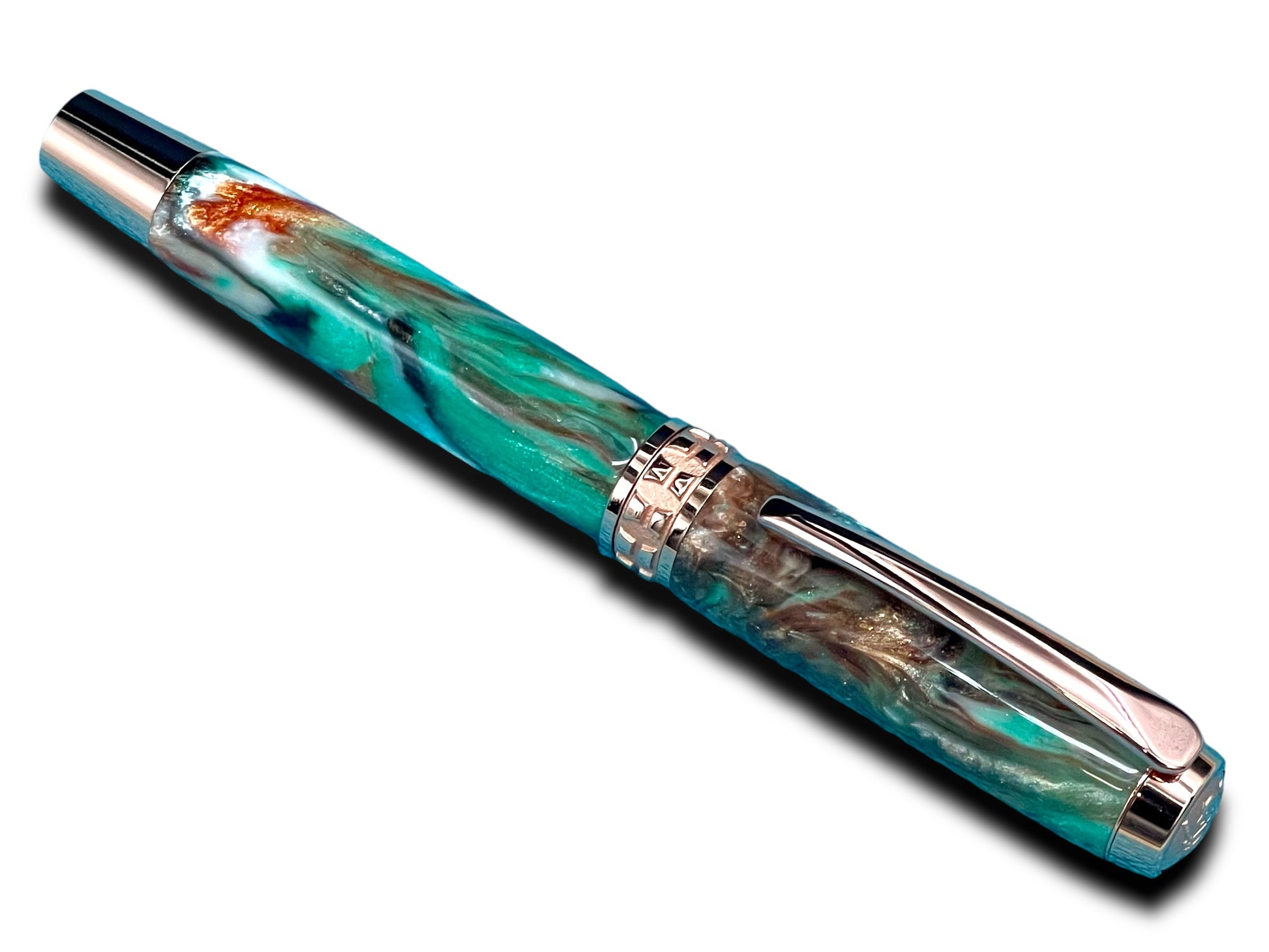 Striking “Green-Bronze Acrylic” Rose Gold Fountain Pen, One of a Kind, Handmade in Colorado. Ink, Converter, Pen Sleeve & Box Included. - HighlanderPen