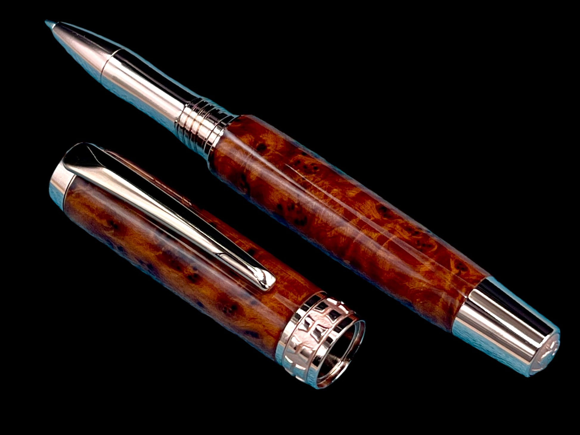 Exotic Thuya Burl Wood~Highlander Rose Gold Rollerball Pen, Artisan Handcrafted Writing Instrument. One of a Kind, with Box, Sleeve, & Ink. (ML-RB-0926-01) - HighlanderPen