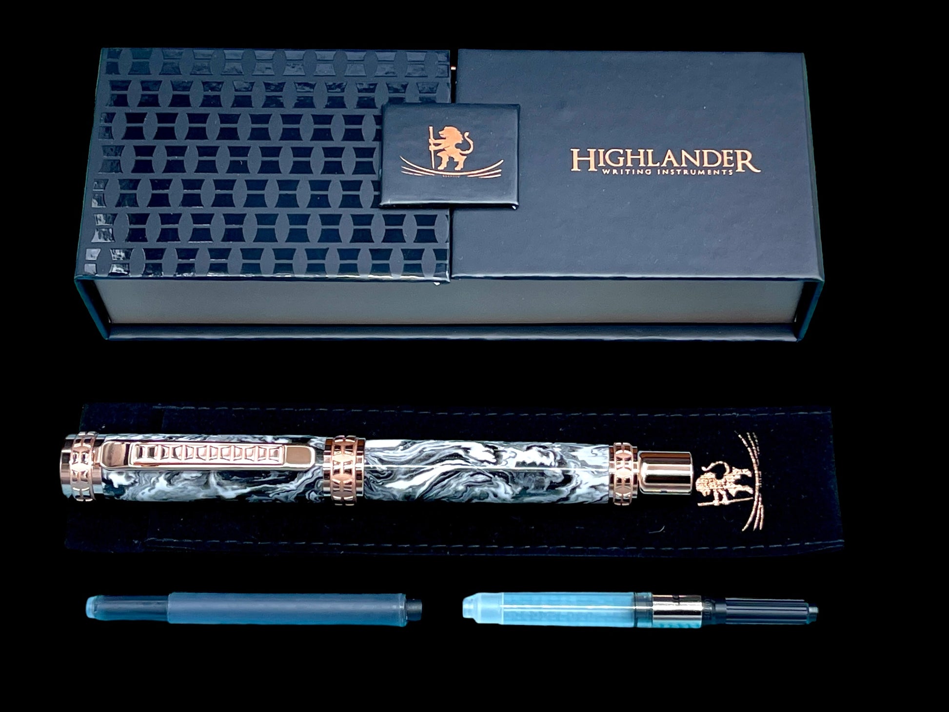 Rose Gold Fountain Pen, Handmade Elegant Luxury. Ink, Converter, Pen Sleeve, & Box Included. Handcrafted locally by Highlander Pen. [ML-FP-1006-01] - HighlanderPen