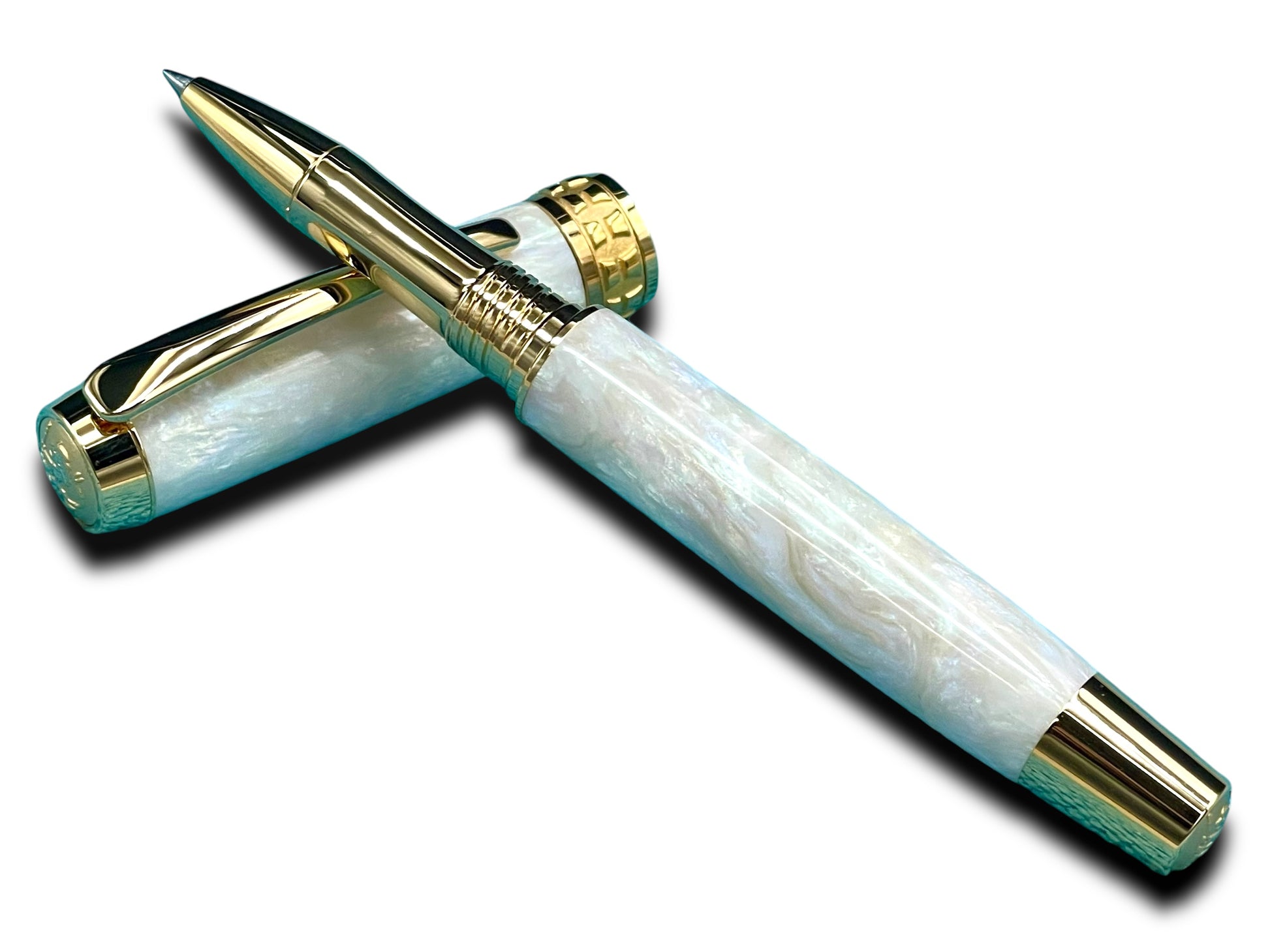 Elegant “Pearly Opal” Handcrafted Gold Rollerball Pen, One of a Kind, Handmade in Colorado. Ink, Velvet Sleeve, and Pen Box Included. - HighlanderPen