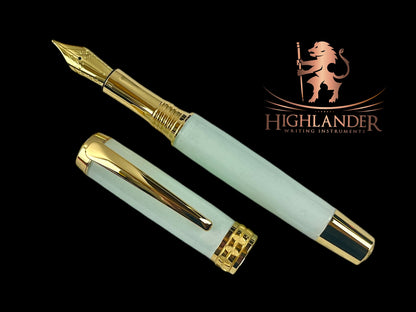 Gold Handmade Fountain Pen, “Jade Acrylic”, One of a Kind. Ink, Converter, Sleeve, & Box Included. Handcrafted in Colorado By Highlander Pen. [ML-FP-1114-01]