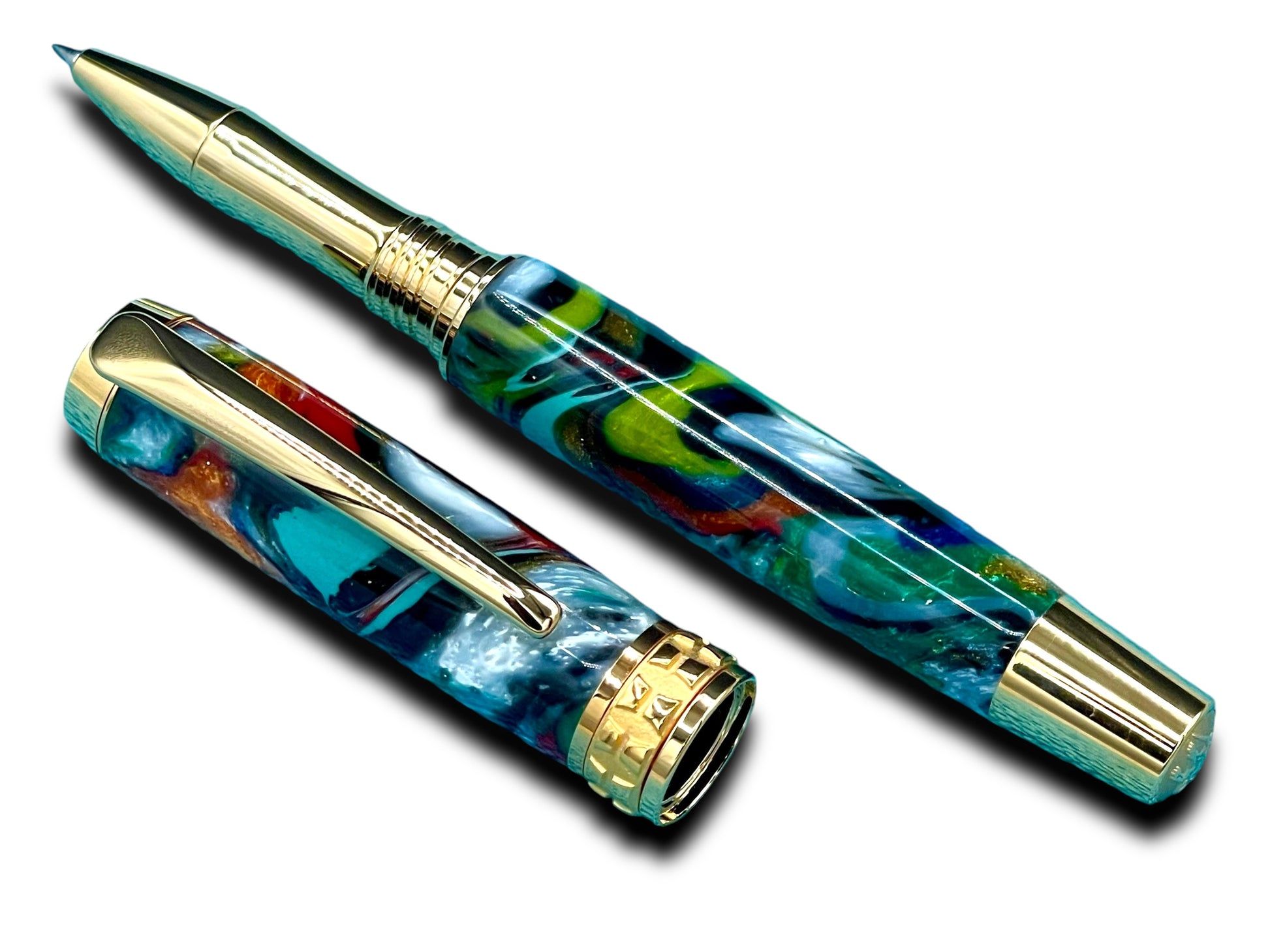 Elegant “Bright Swirls” Handcrafted Gold Rollerball Pen, One of a Kind, Handmade in Colorado. Ink, Velvet Sleeve, and Pen Box Included. - HighlanderPen