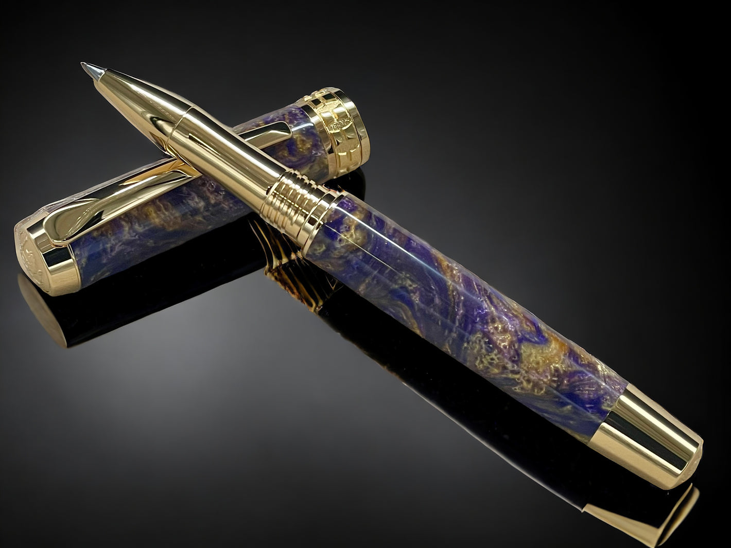 Purple and Gold Swirl, One of a Kind, Gold Handmade Custom Rollerball Pen. Artisan Rare & Unique, Completely Handcrafted in Co, USA - HighlanderPen