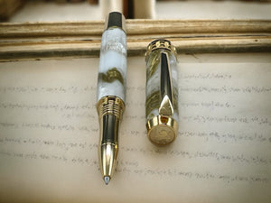 Elegant “Gold Marble” Gold Rollerball Pen, Artisan Handcrafted Writing Instrument. Handmade with Custom Hardware in Colorado. One of a Kind. - HighlanderPen