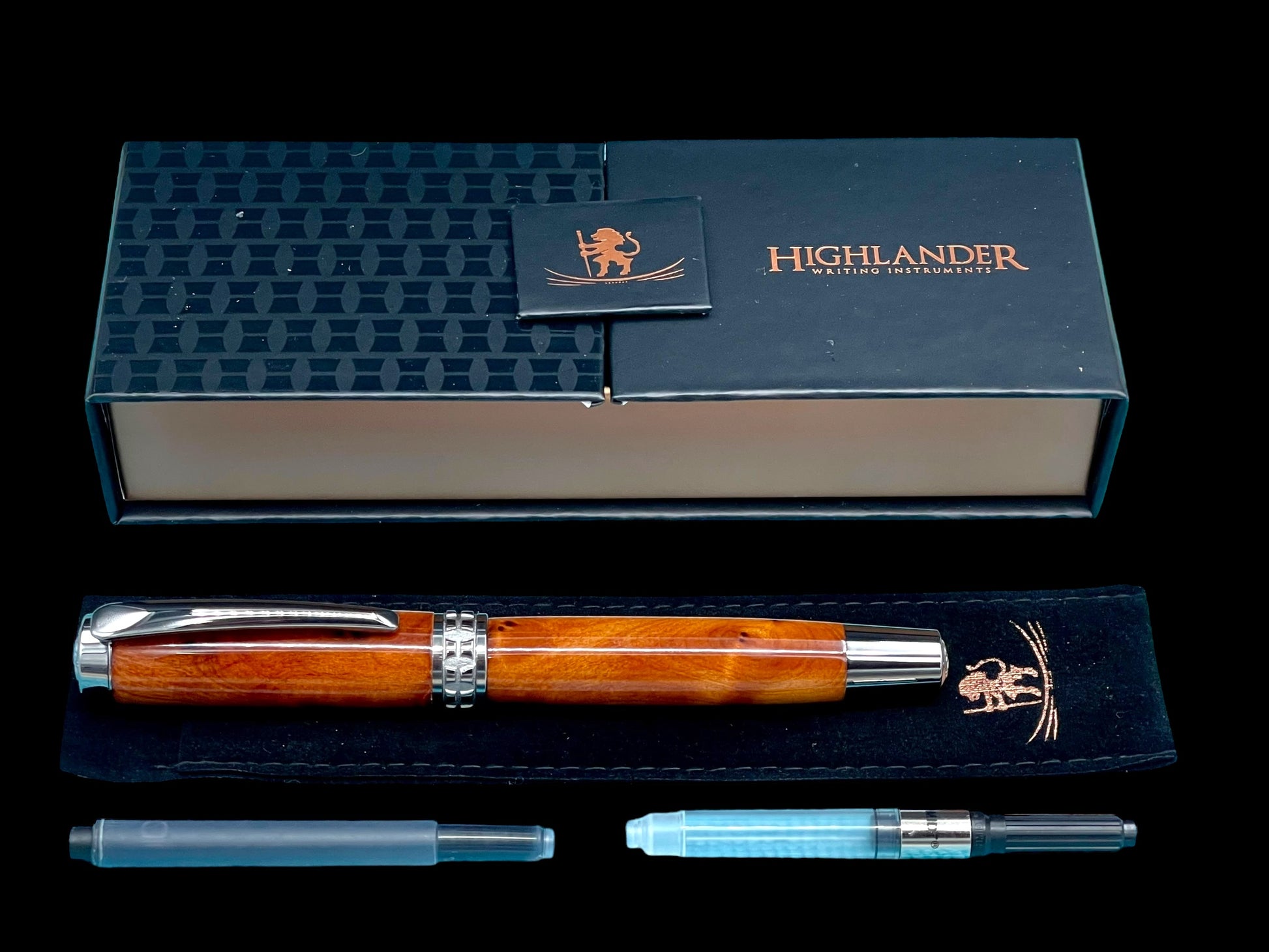 Exotic Thuya Burl Wood Highlander Black Titanium Fountain Pen, Artisan Handcrafted Writing Instrument. Converter, Ink, Sleeve & Box Included (ML-FP-0926-01) - HighlanderPen