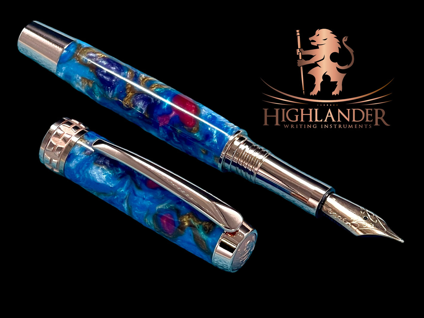 Striking “Blue Swirl” Acrylic Luxury Rose Gold Fountain Pen, One of a Kind, Handmade in Colorado. Ink, Converter, Pen Sleeve & Box Included. - HighlanderPen