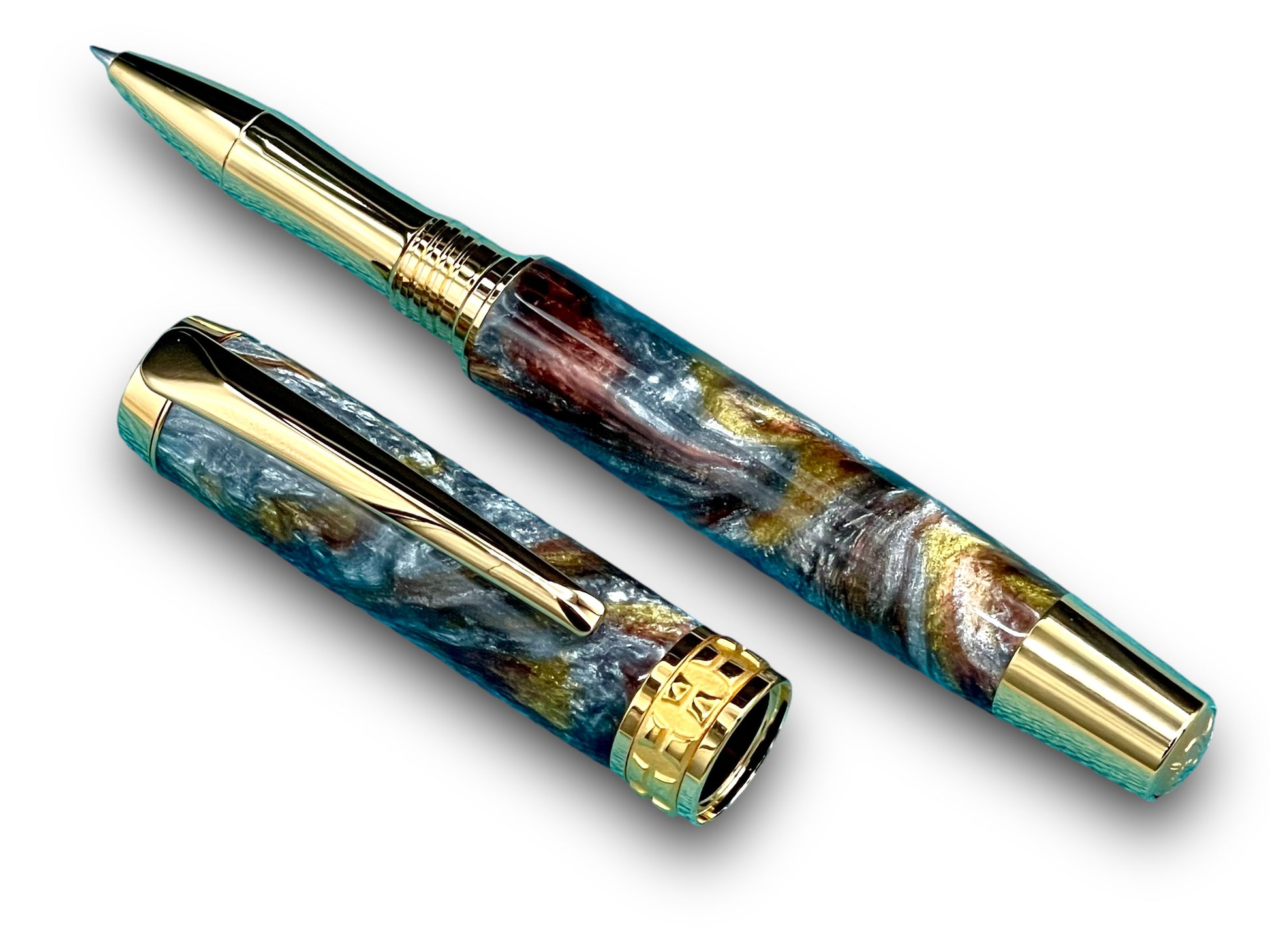 Beautiful “Molten Metals” Handcrafted Gold Rollerball Pen, One of a Kind, Handmade in Colorado. Ink, Velvet Sleeve, and Pen Box Included. - HighlanderPen