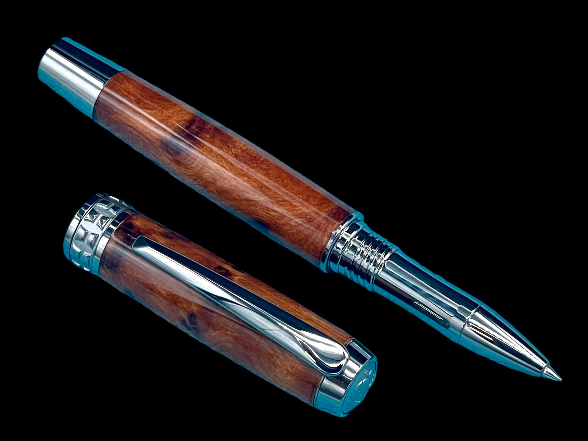 Exotic Thuya Burl Wood Black Titanium Rollerball Pen, Handcrafted in CO. Ink, Sleeve, & Box Included (ML-RB-0927-01) - HighlanderPen