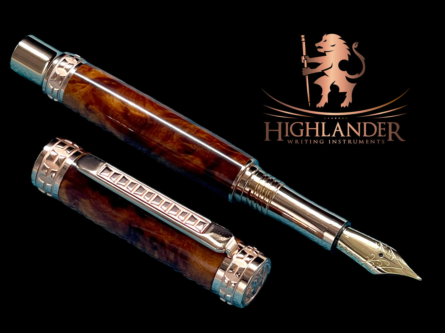 Highlander Edinburgh Exotic Thuja Burl Wood Rose Gold Fountain Pen, Handcrafted in CO. Ink, Converter, Pen Sleeve, & Box Included. - HighlanderPen