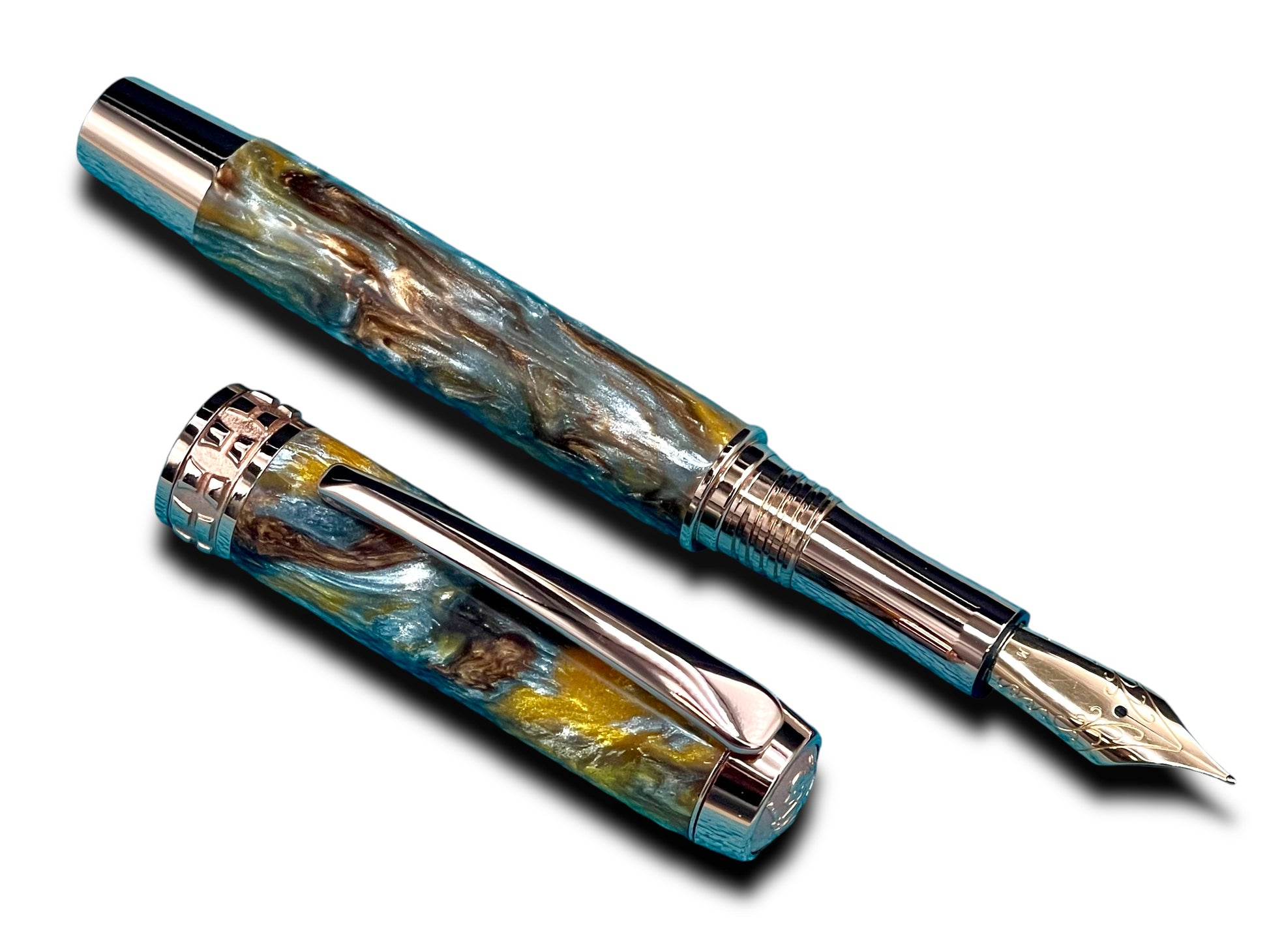 Striking “Molten Metals Acrylic” Rose Gold Fountain Pen, One of a Kind, Handmade in Colorado. Ink, Converter, Pen Sleeve & Box Included. - HighlanderPen