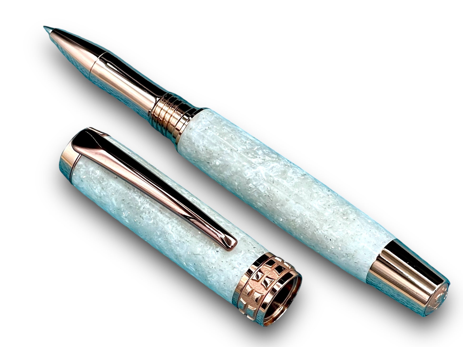 Elegant “Bling” Rose Gold Acrylic Rollerball Pen, Artisan Handcrafted Writing Instrument. One of a Kind, Box, Sleeve, & Ink Included. - HighlanderPen