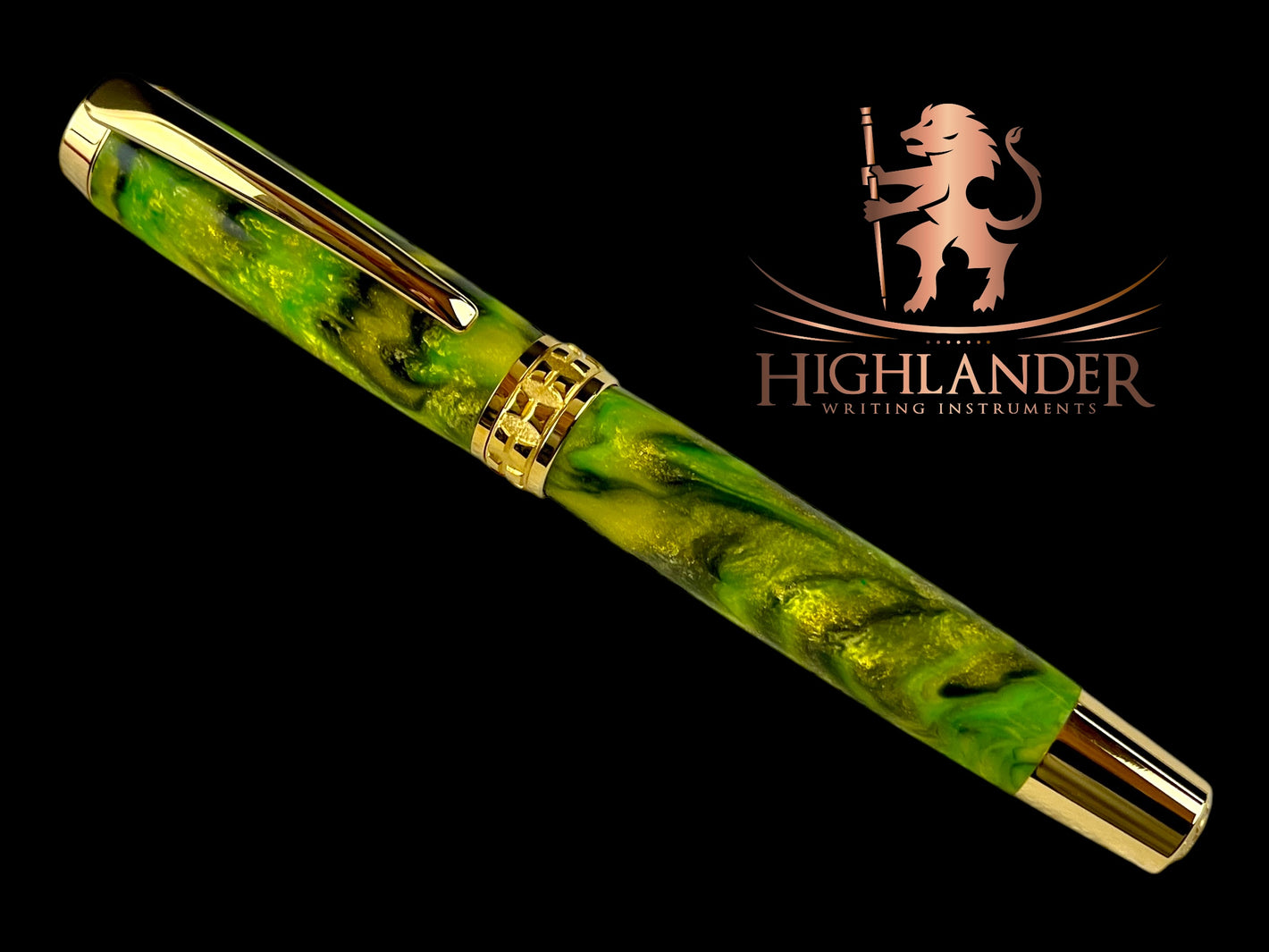 Gold “Anaconda” Handmade Acrylic Rollerball Pen, One of a Kind, Handcrafted in CO. Ink, Velvet Sleeve, and Pen Box Included, By Highlander. [ML-RB-1201-04]