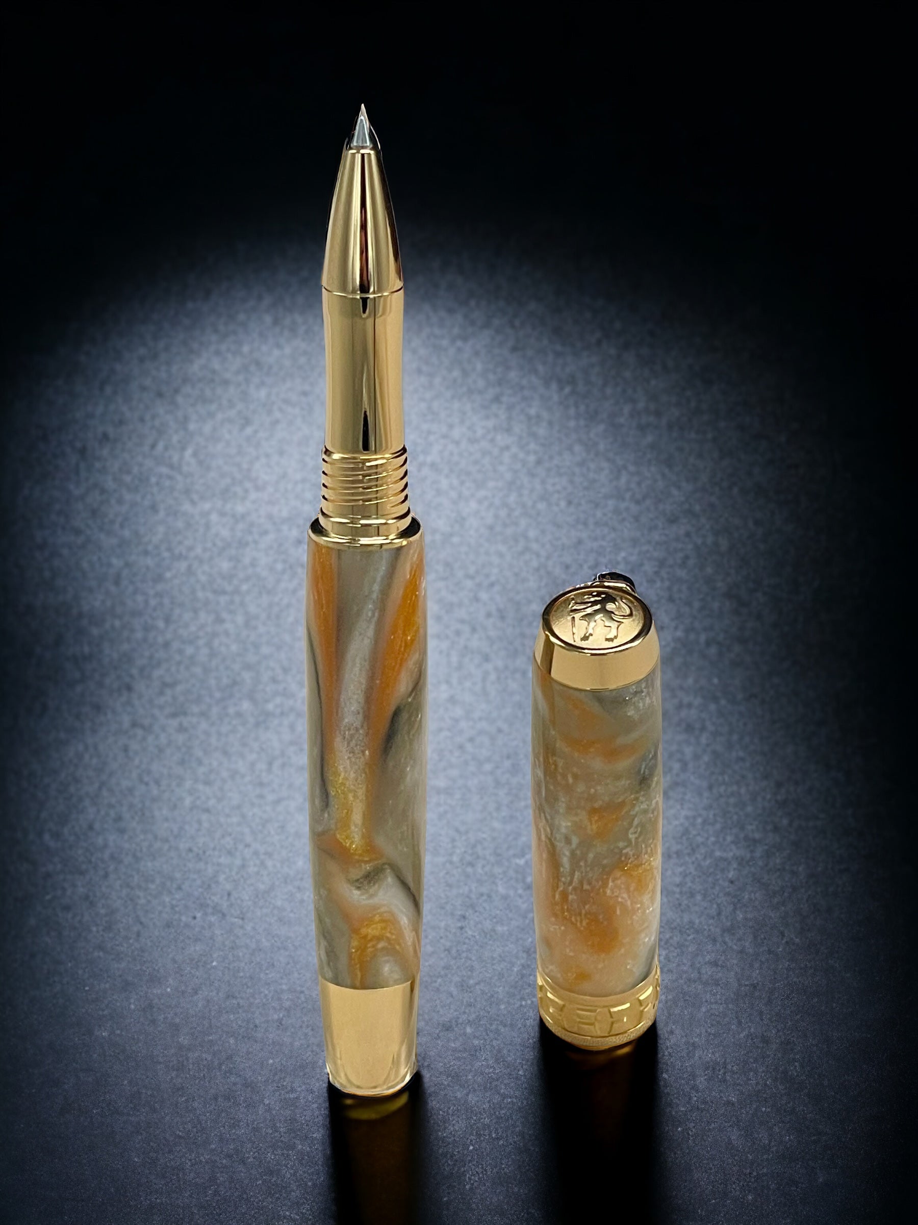 “Peach Swirl”, One of a Kind Gold SKYE, Handmade Custom Acrylic Rollerball Pen. Artisan Rare & Unique, Completely Handcrafted  in Co, USA - HighlanderPen