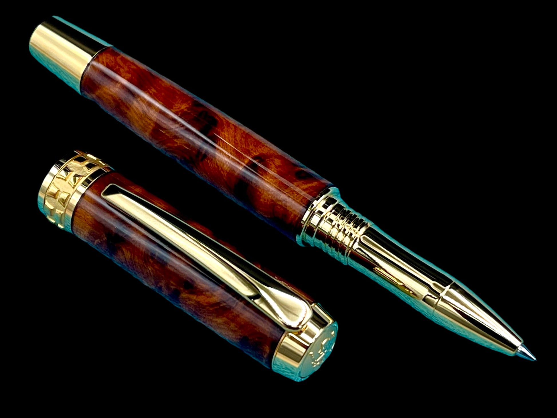 Exotic Thuya Burl Wood~Highlander Handcrafted Gold Rollerball Pen, One of a Kind, Handmade in CO. Ink, Velvet Sleeve, and Pen Box Included. (ML-RB-0926-03) - HighlanderPen