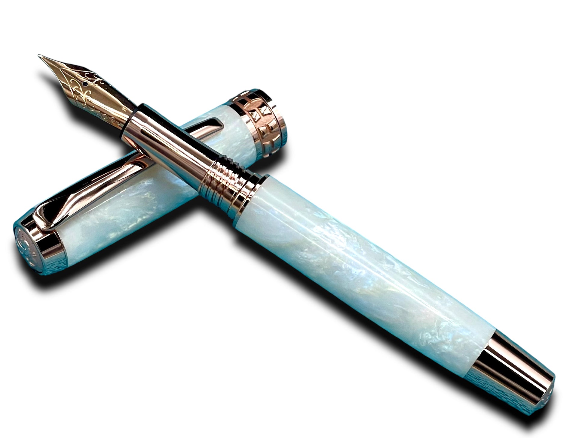 Elegant “Pearly Opal Acrylic” Rose Gold Fountain Pen, One of a Kind, Handmade in Colorado. Ink, Converter, Pen Sleeve & Box Included. - HighlanderPen