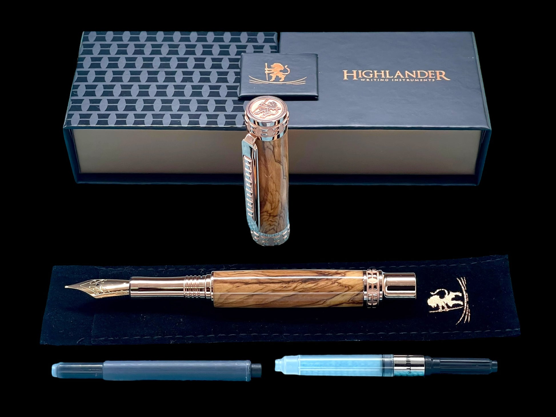 Highlander Edinburgh Certified Bethlehem Olivewood Rose Gold Fountain Pen, Handcrafted in CO. Ink, Converter, Pen Sleeve, & Box Included. - HighlanderPen