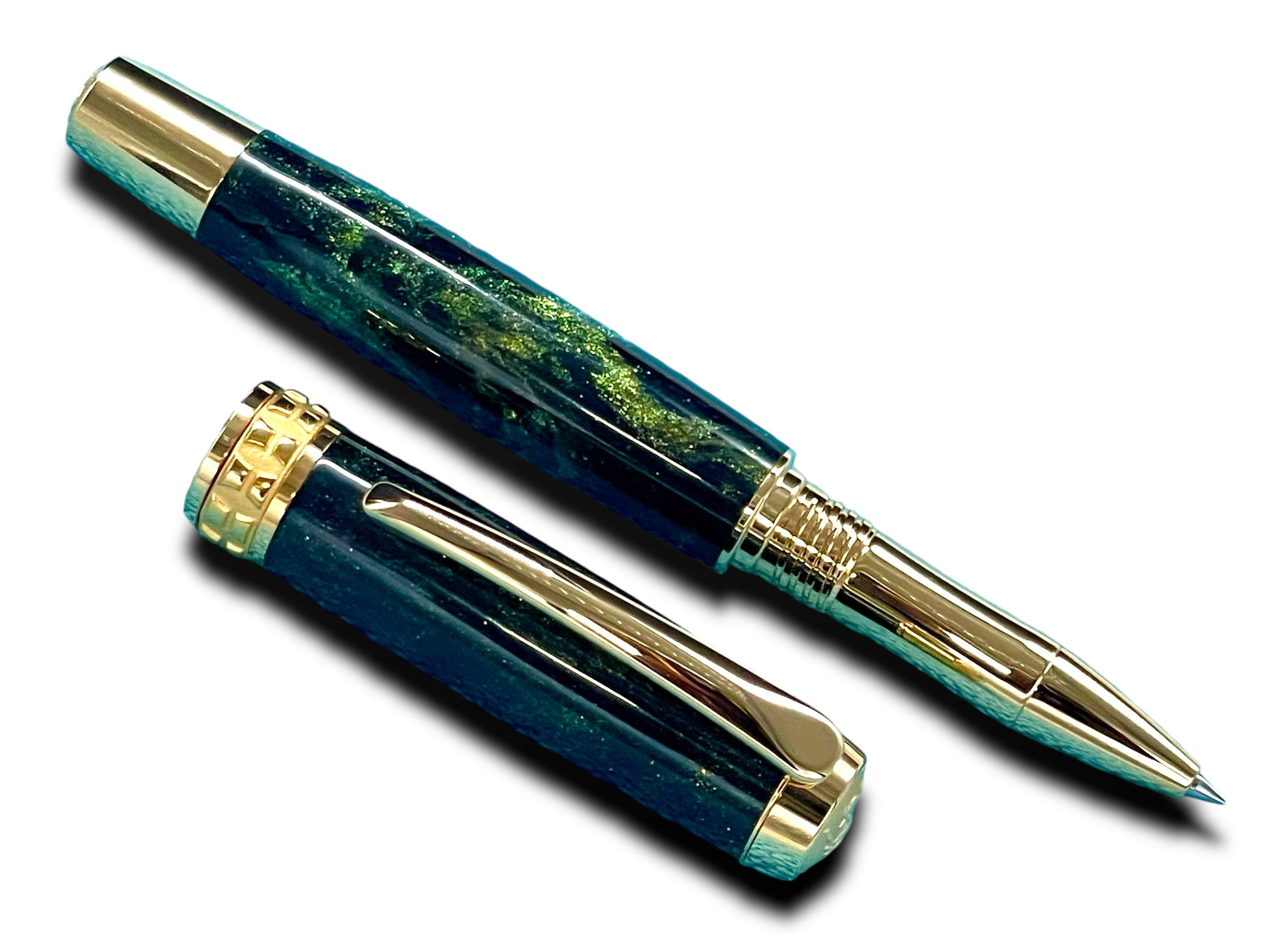 Elegant “Northern Lights” Handcrafted Gold Rollerball Pen, One of a Kind, Handmade in Colorado. Ink, Velvet Sleeve, and Pen Box Included. - HighlanderPen