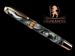 Red Gold “Argentite” Handmade Rollerball Pen. One of a Kind, Handcrafted by Highlander Pen in Colorado. Box, Sleeve, & Ink Included. [ML-RB-1216-01]