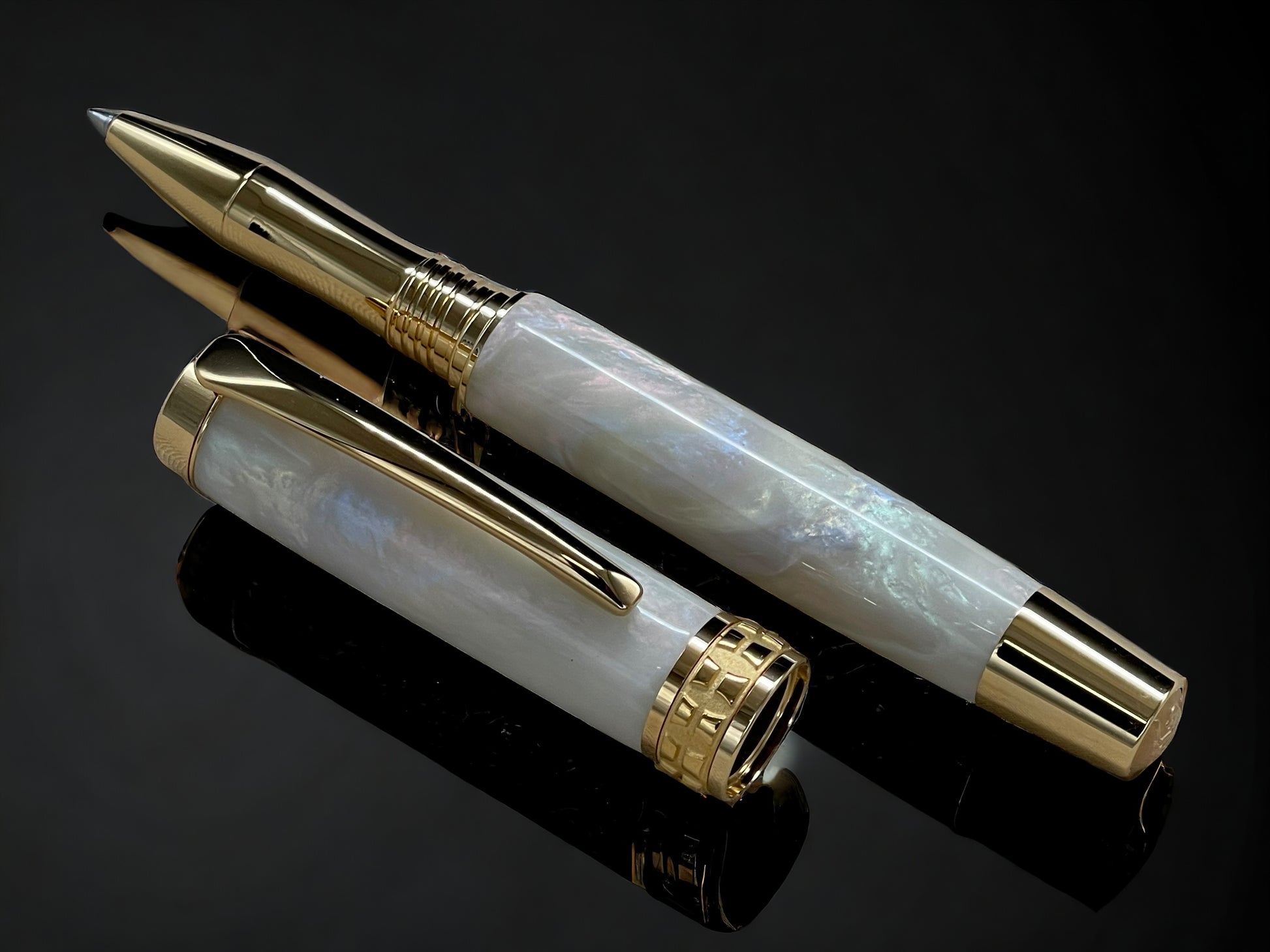 “Pearly Opal”, One of a Kind Gold SKYE, Handmade Custom Acrylic Rollerball Pen. Artisan Rare & Unique, Completely Handcrafted  in Co, USA - HighlanderPen