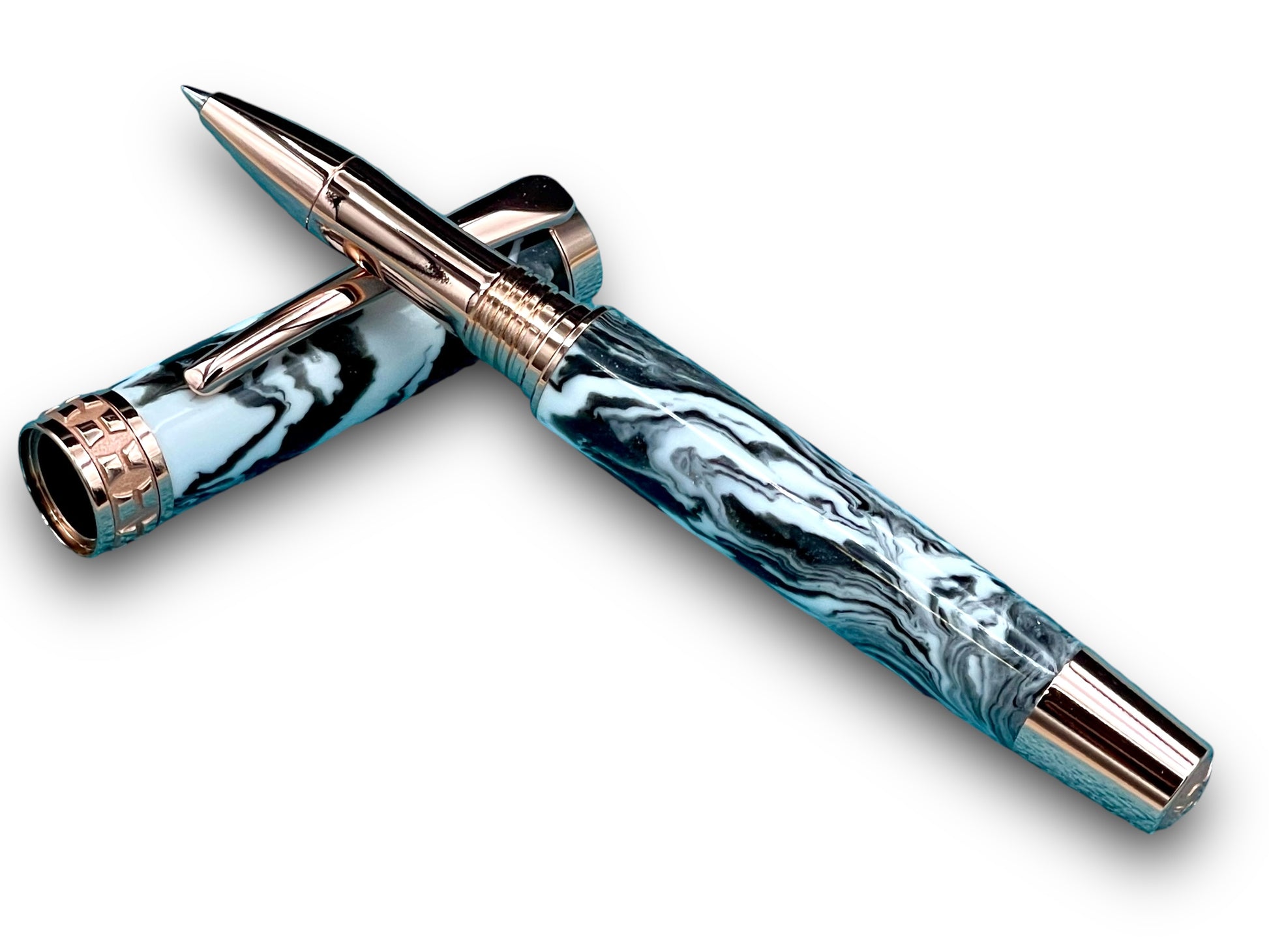 Timeless “Imperial Black” Rose Gold Acrylic Rollerball Pen, Artisan Handcrafted Writing Instrument. One of a Kind, with Box, Sleeve, & Ink. - HighlanderPen