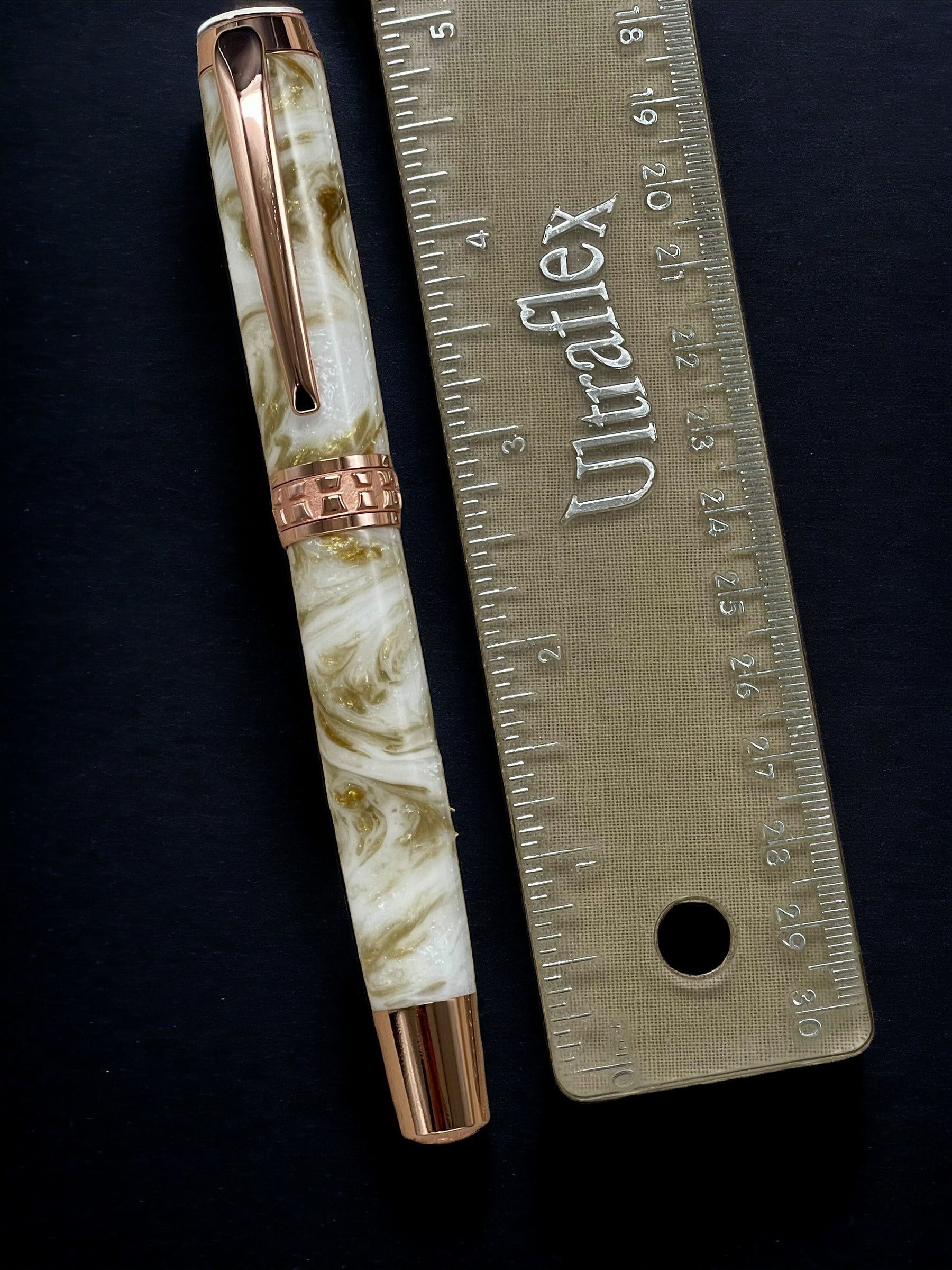 “Gold Marble”, One of a Kind, Rose Gold, Handmade Custom Acrylic Fountain Pen. Artisan Rare & Unique, Completely Handcrafted in Colorado, USA - HighlanderPen