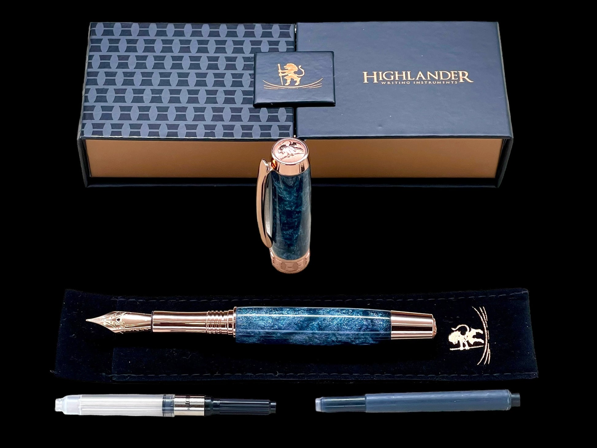 Handcrafted Luxury Rose Gold Fountain Pen, One of a Kind, Handmade in Colorado with Premium Hardware. Ink, Converter, Sleeve & Box Included. - HighlanderPen