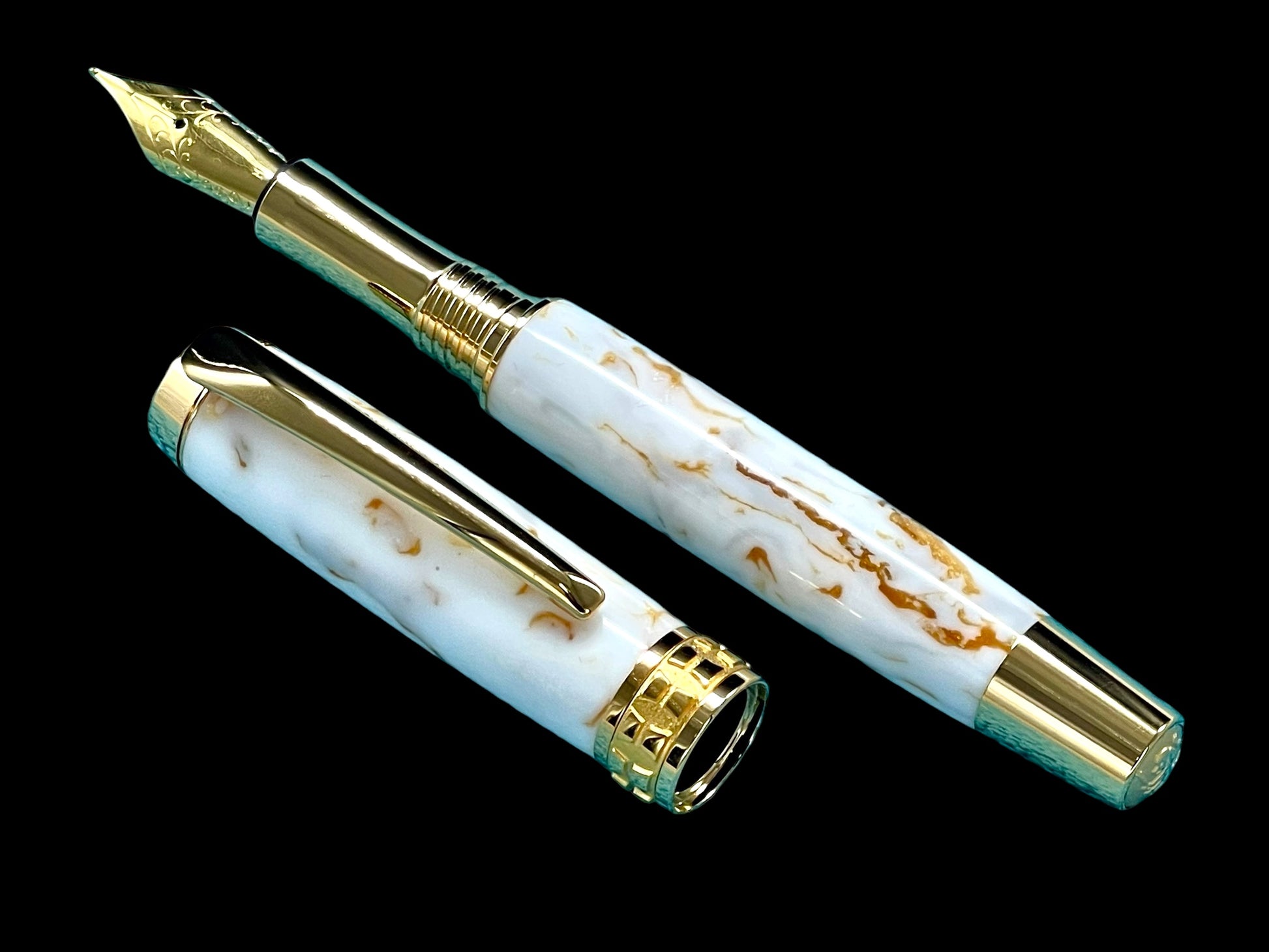 Elegant “Ivory and Gold” Handcrafted Luxury Gold Fountain Pen, One of a Kind, Handmade in Colorado. Ink, Converter, Sleeve, & Box Included. - HighlanderPen