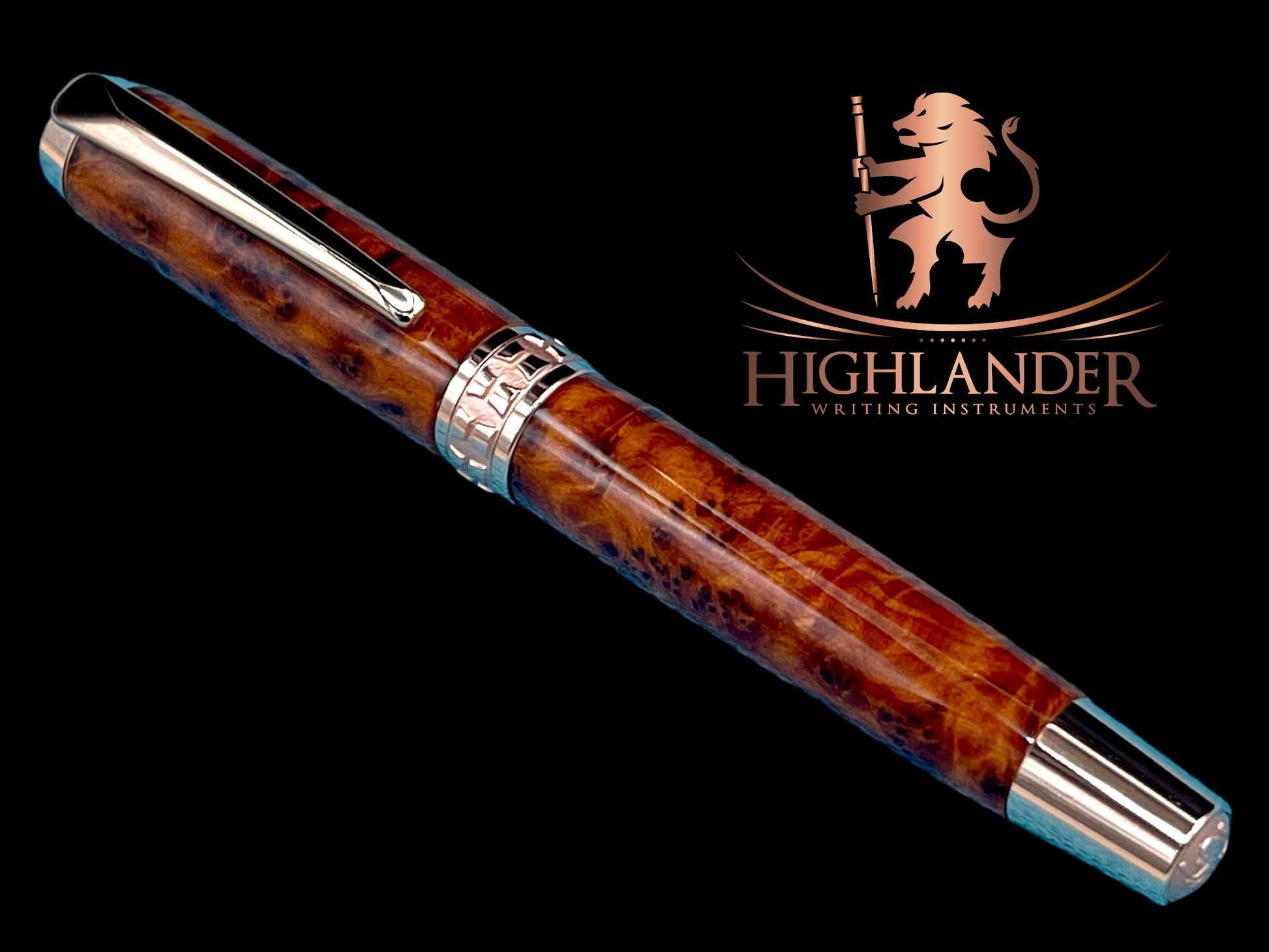 Exotic Thuya Burl Wood~Highlander Rose Gold Rollerball Pen, Artisan Handcrafted Writing Instrument. One of a Kind, with Box, Sleeve, & Ink. (ML-RB-0926-01) - HighlanderPen