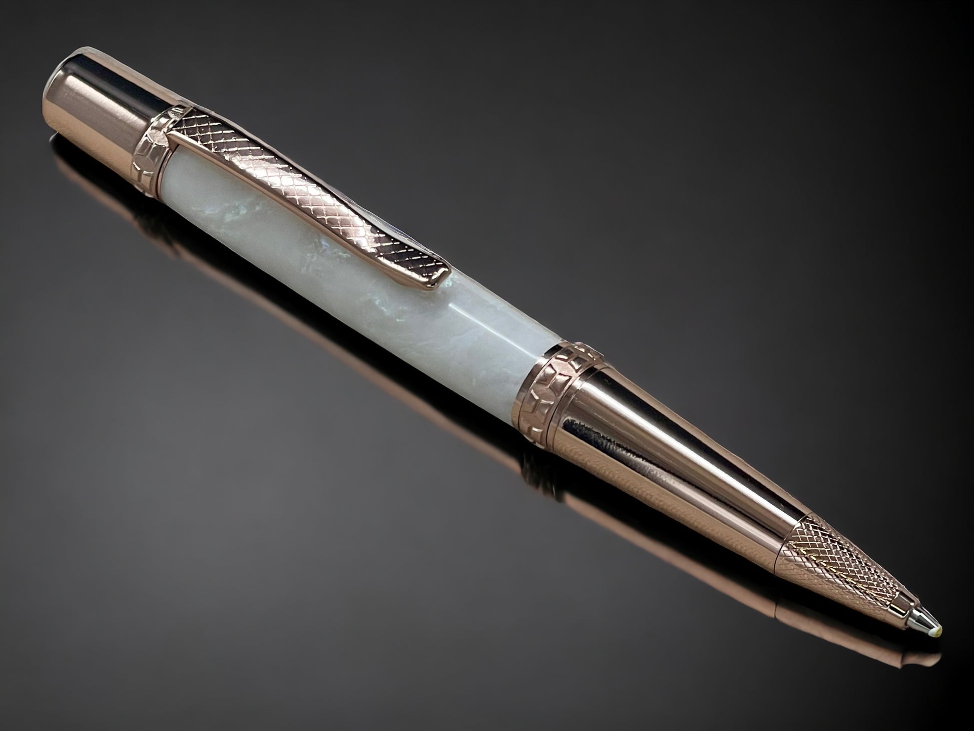 Pearly White, One of a Kind, Rose Gold, Pearlescent Acrylic Ballpoint Pen. Custom Handcrafted, Artisan Rare, Handmade in Colorado. - HighlanderPen