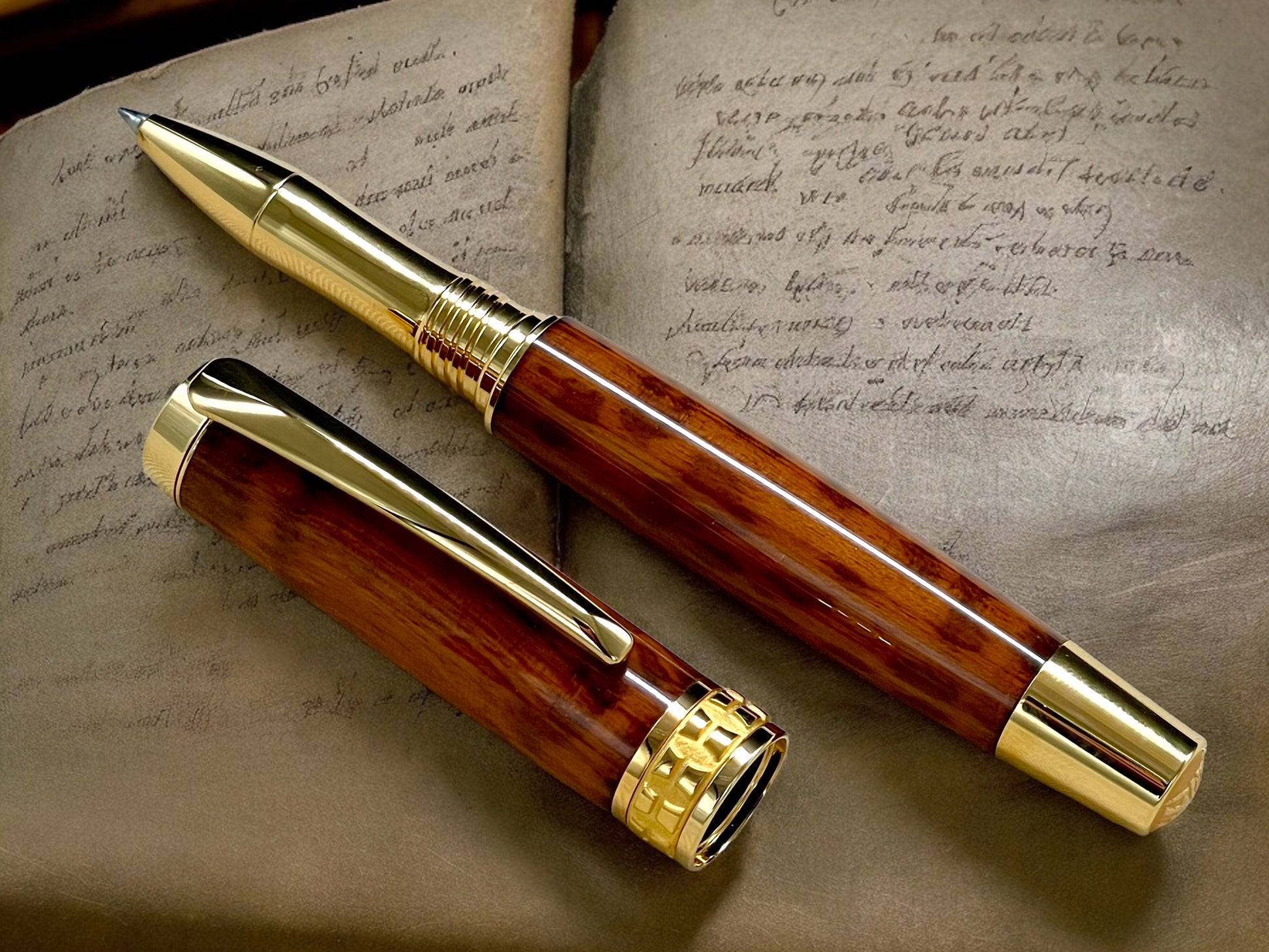 Exotic Rare Snakewood, Gold Rollerball Pen, Artisan Handcrafted Writing Instrument. Handmade Custom in Colorado. One of a Kind. - HighlanderPen