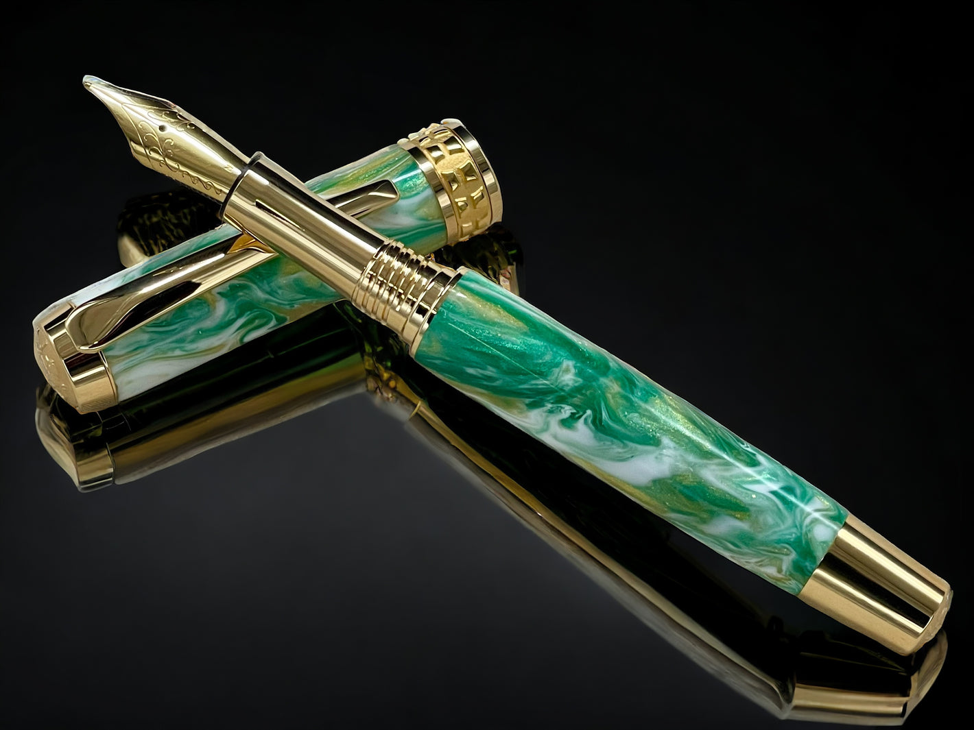 “Emerald Swirl”, One of a Kind, Handmade Custom Gold “SKYE” Fountain Pen. Artisan Rare & Unique, Completely Handcrafted  in Colorado, USA - HighlanderPen