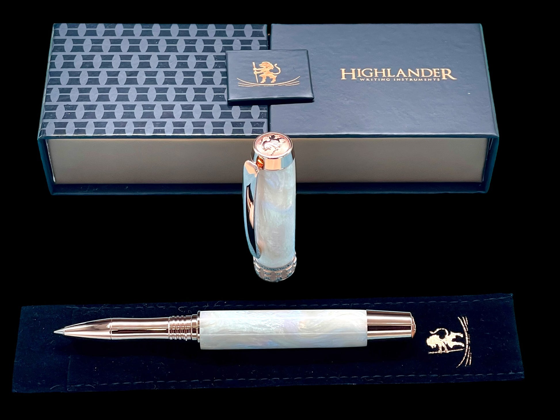 Elegant “Pearly Opal” Rose Gold Acrylic Rollerball Pen, Artisan Handcrafted Writing Instrument. One of a Kind, with Box, Felt Sleeve, & Ink. - HighlanderPen