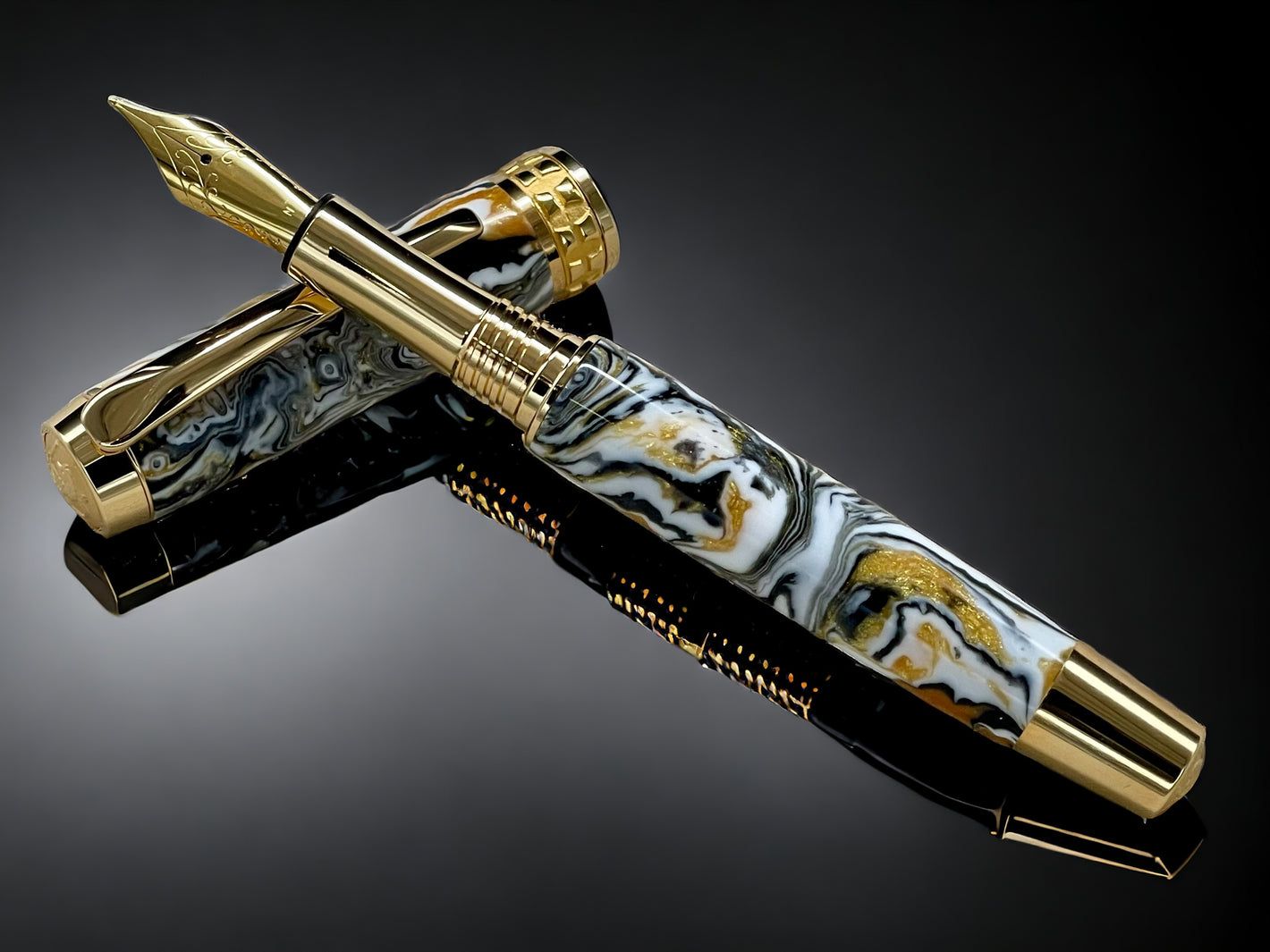 “Striking Swirl” Gold Fountain Pen, Artisan Handcrafted Writing Instrument. Simple to Use. Handmade with Custom Hardware in CO, One of a Kind. - HighlanderPen