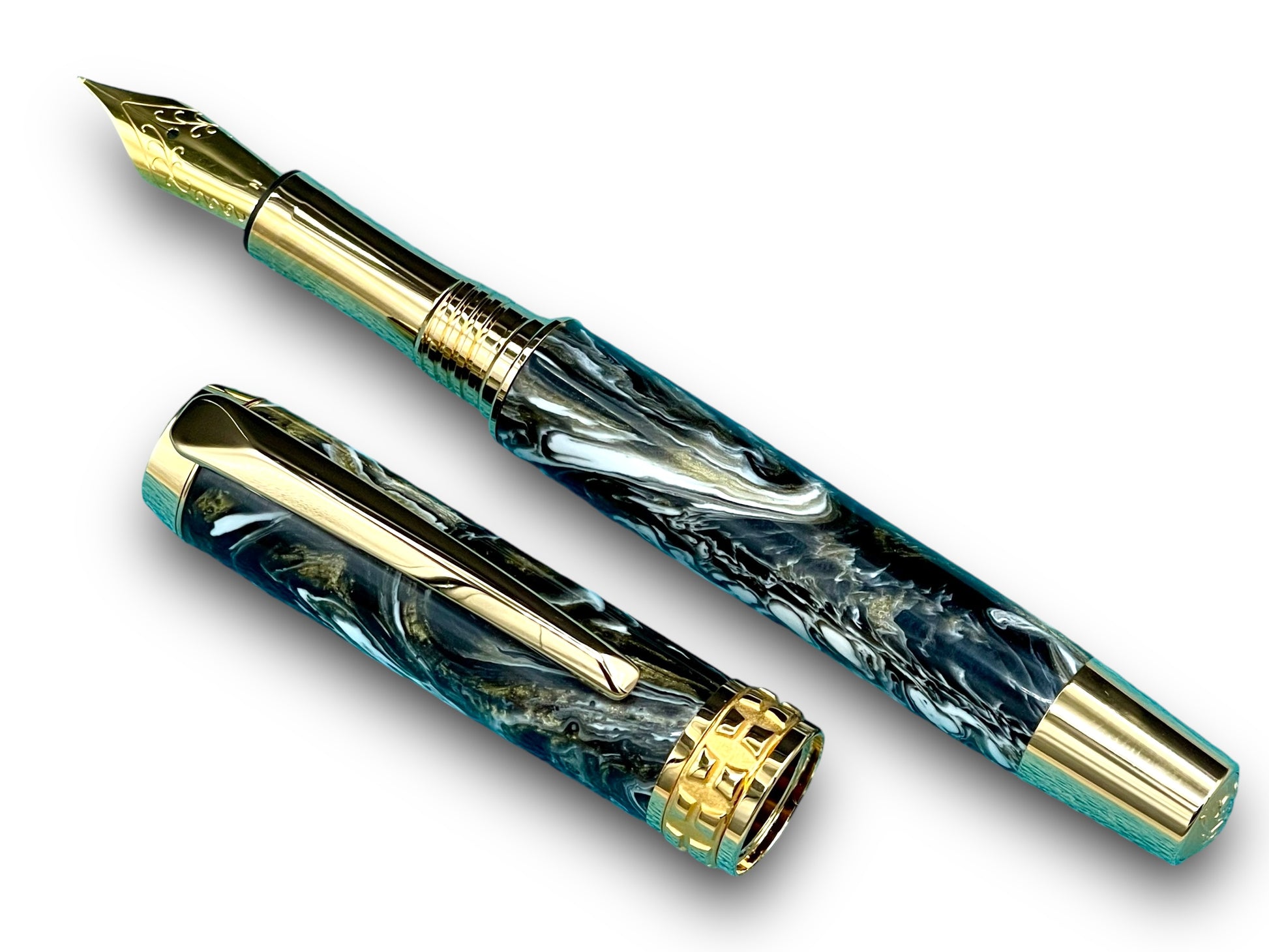 Elegant “Black and Gold” Handcrafted Luxury Gold Fountain Pen, One of a Kind, Handmade in Colorado. Ink, Converter, Sleeve, & Box Included. - HighlanderPen