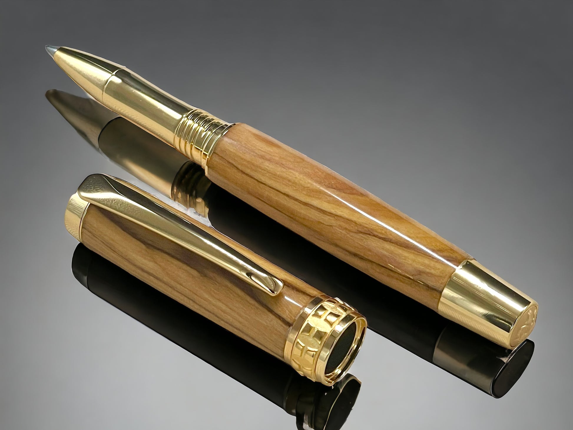 One of a Kind, Gold & Wood, Handmade Custom Bethlehem Olivewood Rollerball Pen. Artisan Rare & Unique, Completely Handcrafted in Co, USA - HighlanderPen