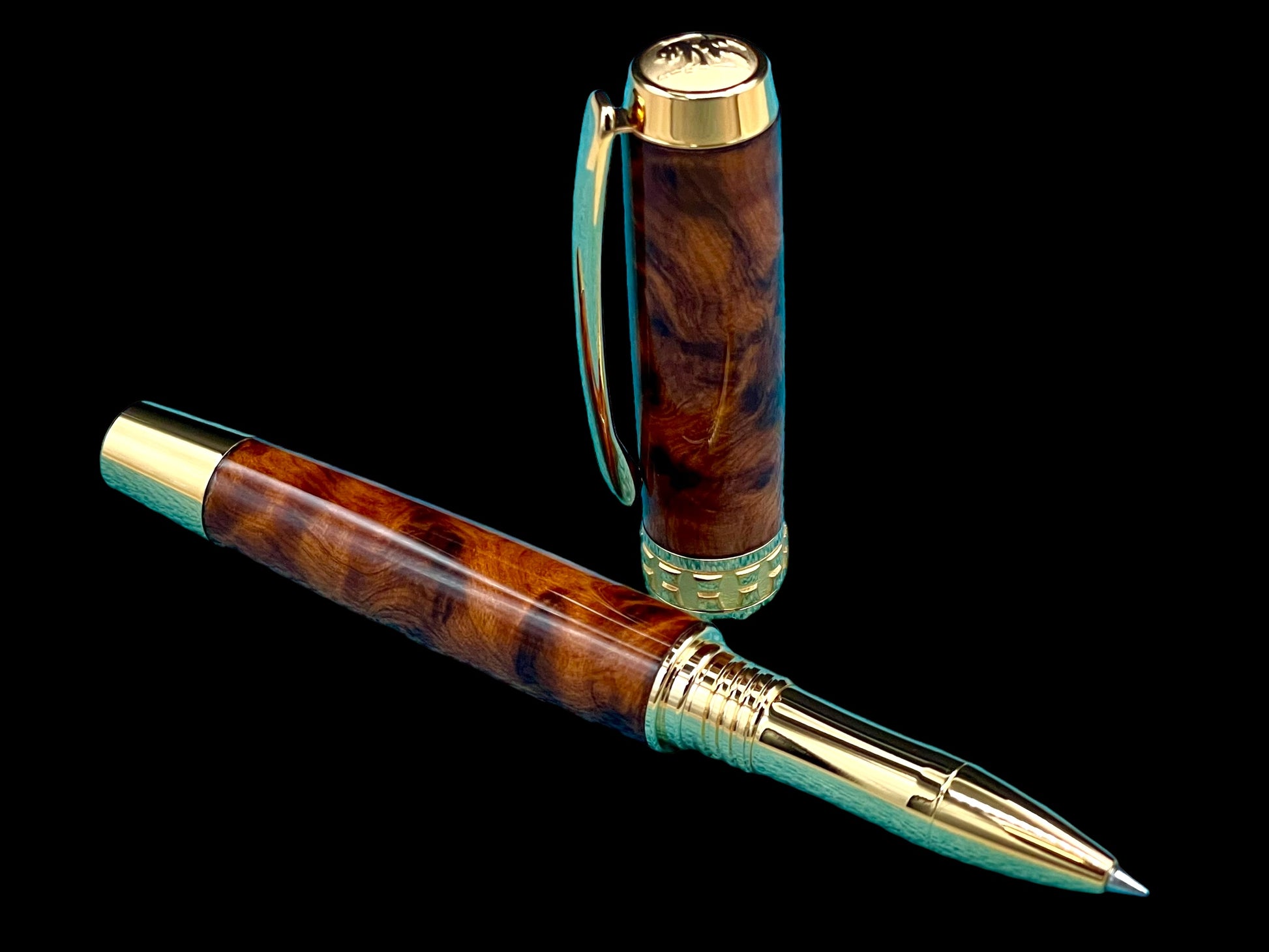 Exotic Thuya Burl Wood~Highlander Handcrafted Gold Rollerball Pen, One of a Kind, Handmade in CO. Ink, Velvet Sleeve, and Pen Box Included. (ML-RB-0926-03) - HighlanderPen