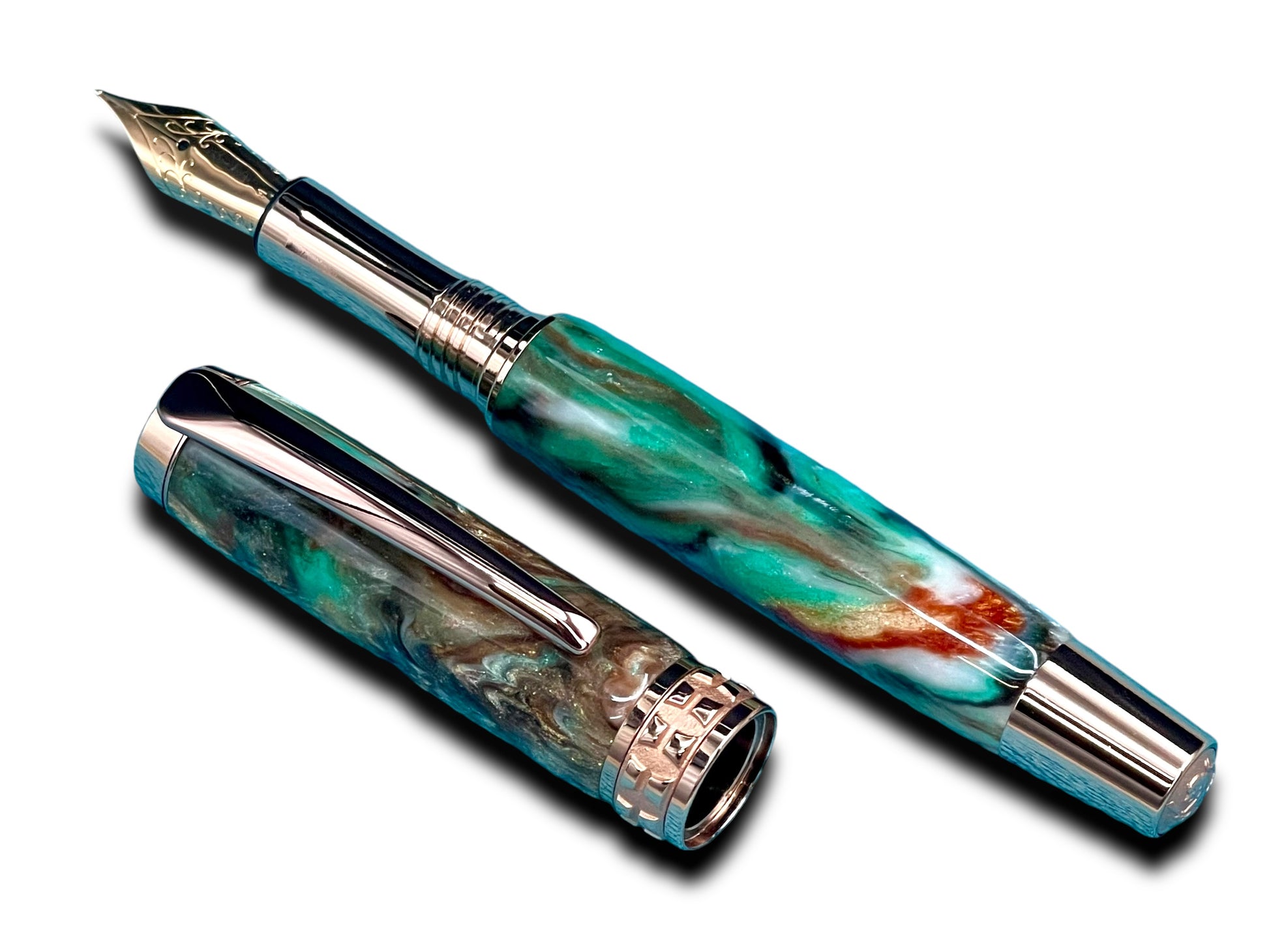 Striking “Green-Bronze Acrylic” Rose Gold Fountain Pen, One of a Kind, Handmade in Colorado. Ink, Converter, Pen Sleeve & Box Included. - HighlanderPen