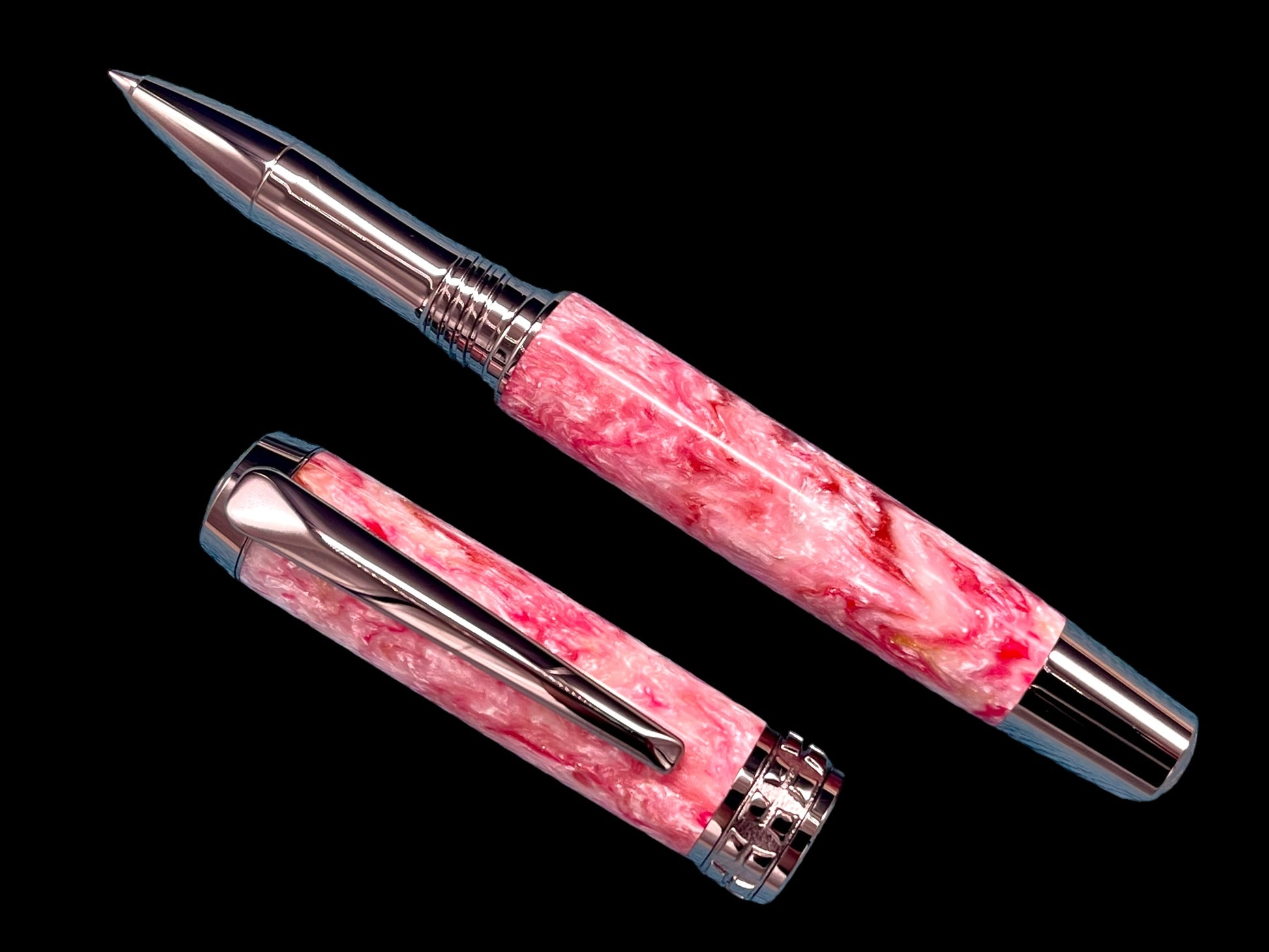 Striking Pink and Red Pearlescent Black Titanium Rollerball Pen, Artisan Handcrafted Writing Instrument. Handmade in CO. One of a Kind. - HighlanderPen