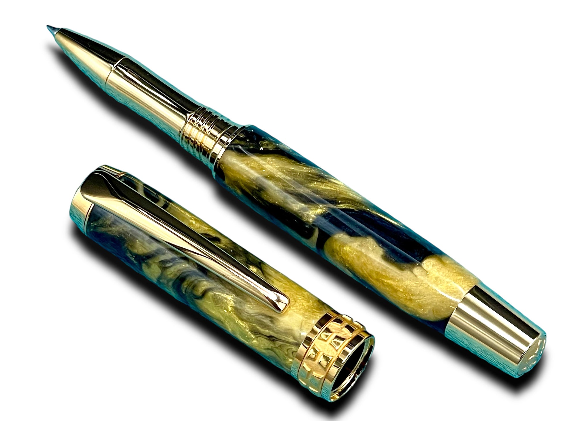 Elegant “Gold Swirl” Handcrafted Gold Rollerball Pen, One of a Kind, Handmade in Colorado. Ink, Velvet Sleeve, and Pen Box Included. - HighlanderPen