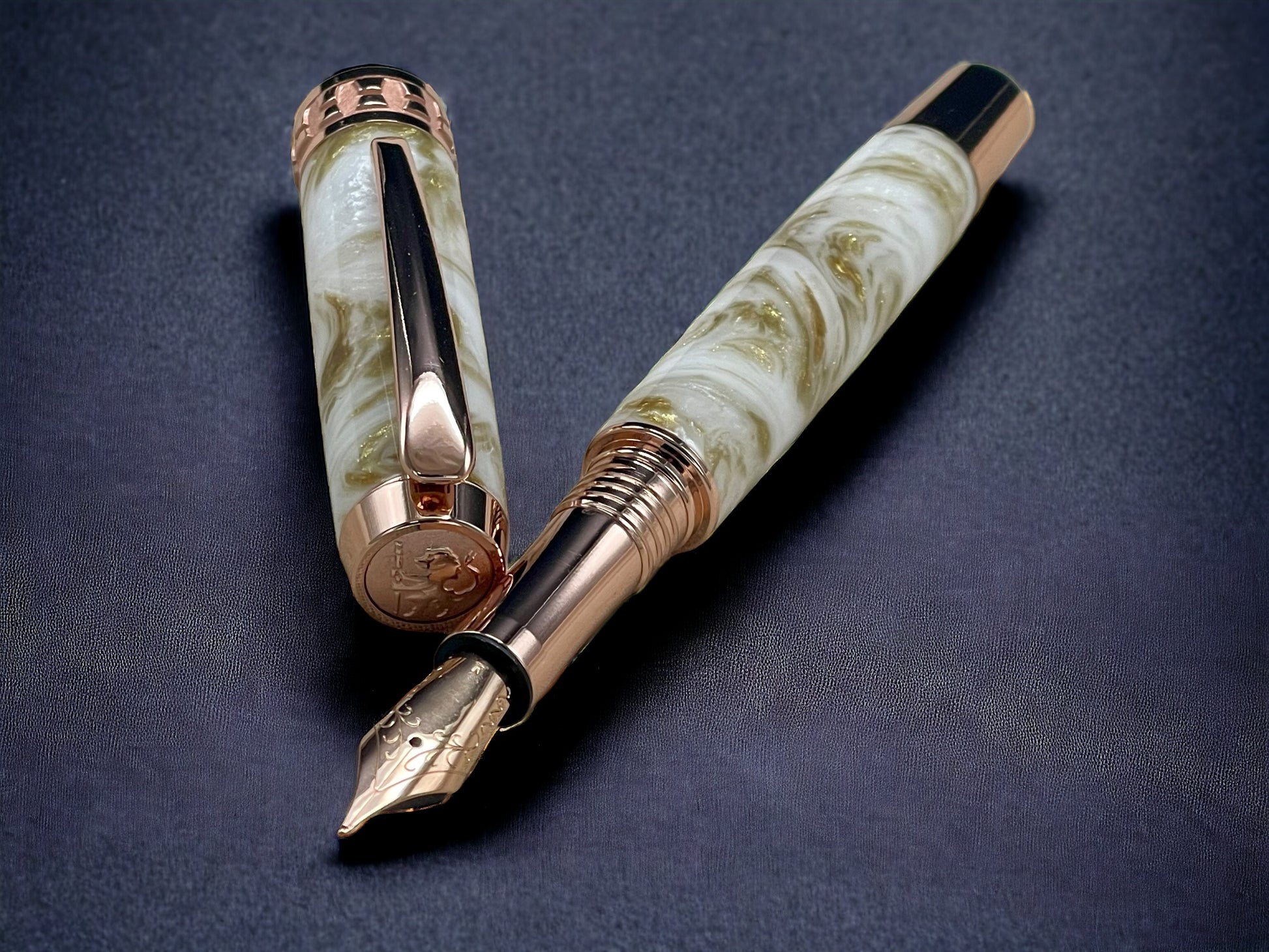 “Gold Marble”, One of a Kind, Rose Gold, Handmade Custom Acrylic Fountain Pen. Artisan Rare & Unique, Completely Handcrafted in Colorado, USA - HighlanderPen