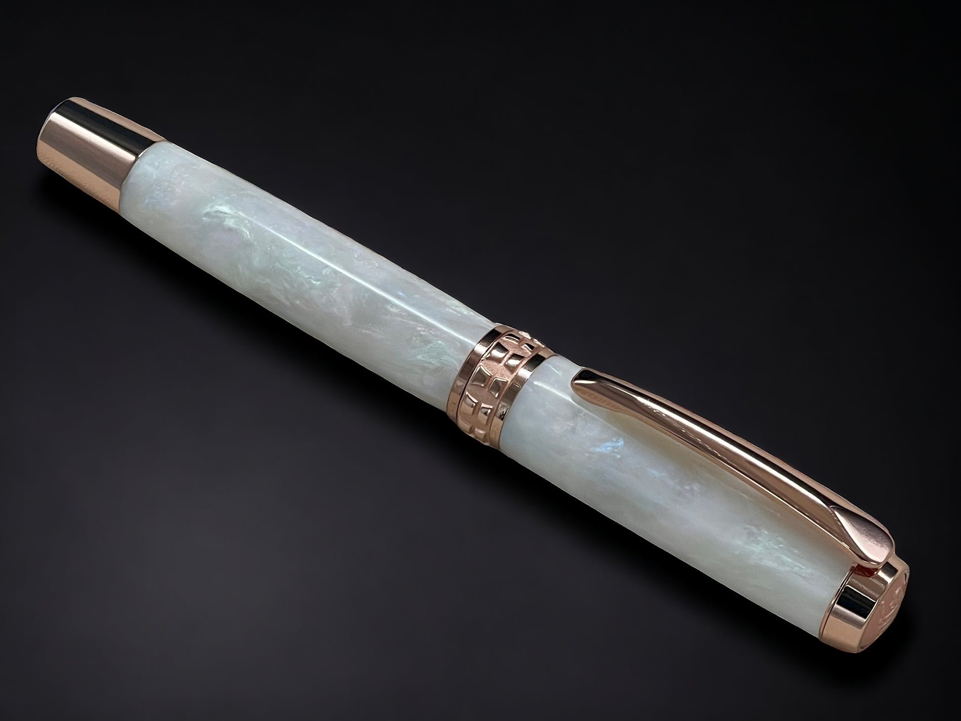 “Pearly Opal Acrylic” One of a Kind Rose Gold, Handmade Custom Rollerball Pen. Artisan Rare & Unique, Completely Handcrafted  in Co, USA - HighlanderPen