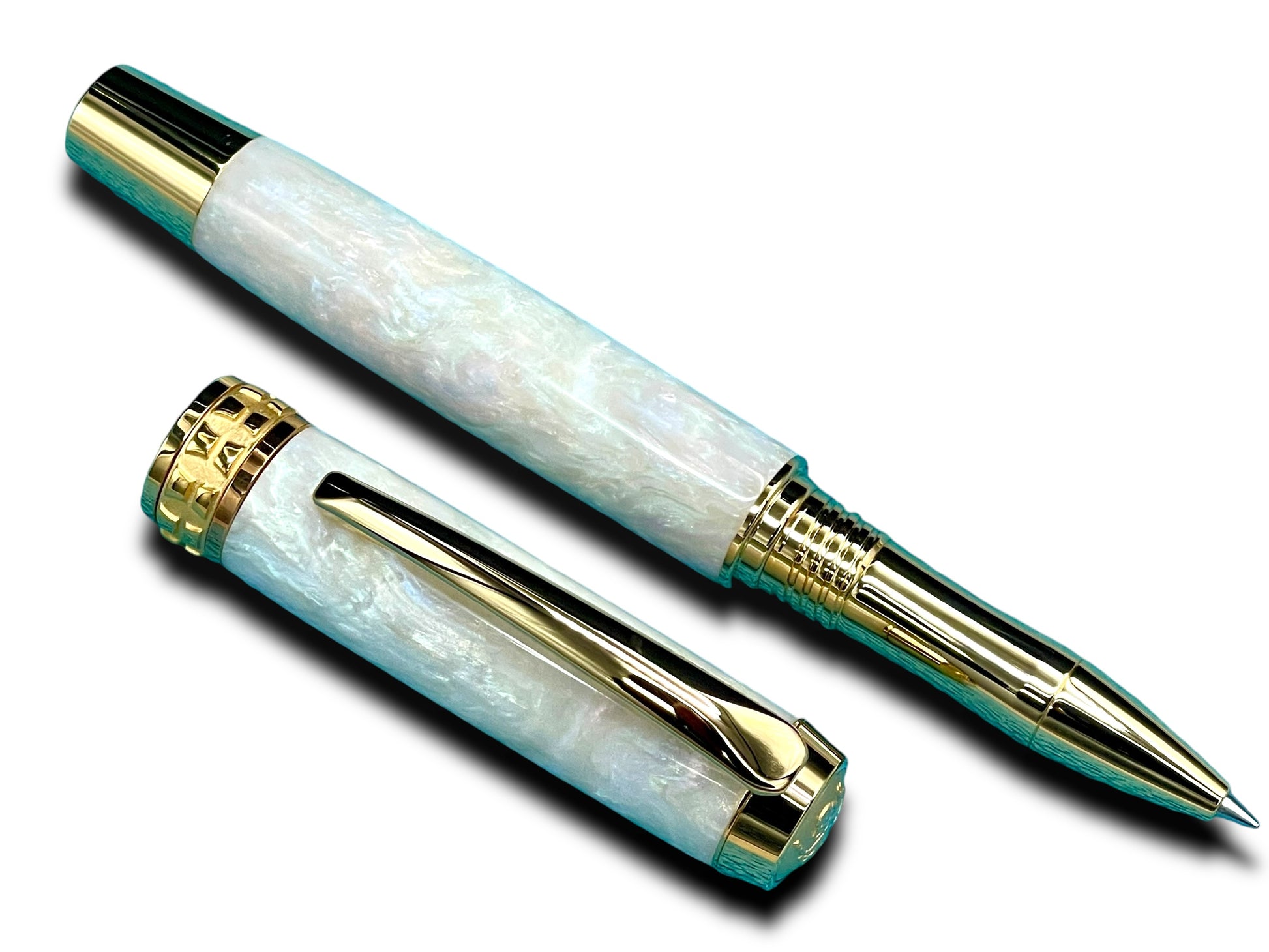 Elegant “Pearly Opal” Handcrafted Gold Rollerball Pen, One of a Kind, Handmade in Colorado. Ink, Velvet Sleeve, and Pen Box Included. - HighlanderPen