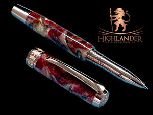 Elegant “Red Swirl”, Rose Gold Acrylic Rollerball Pen, Artisan Handcrafted Writing Instrument. One of a Kind, with Box, Felt Sleeve, & Ink. - HighlanderPen