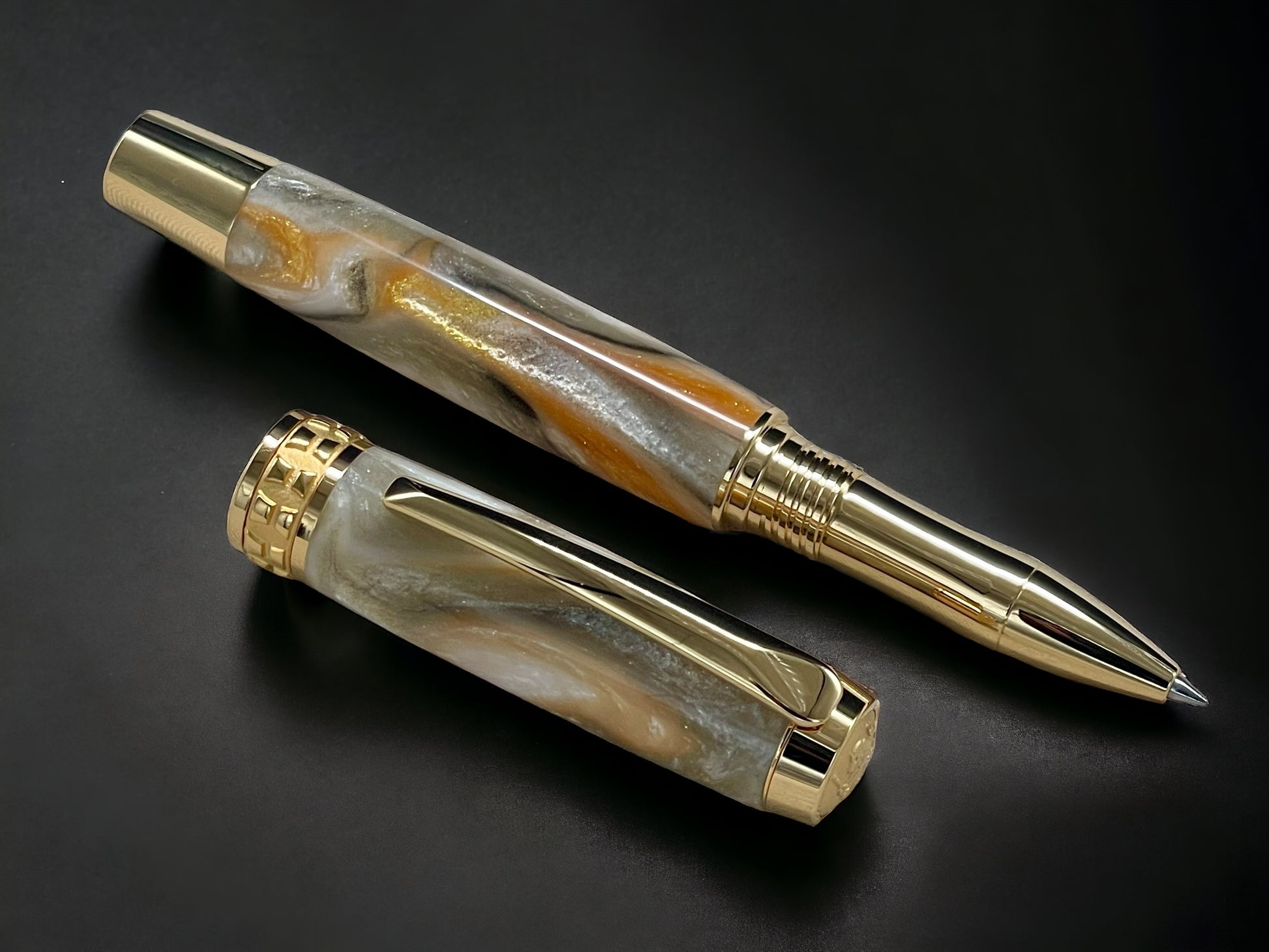 “Peach Swirl”, One of a Kind Gold SKYE, Handmade Custom Acrylic Rollerball Pen. Artisan Rare & Unique, Completely Handcrafted  in Co, USA - HighlanderPen