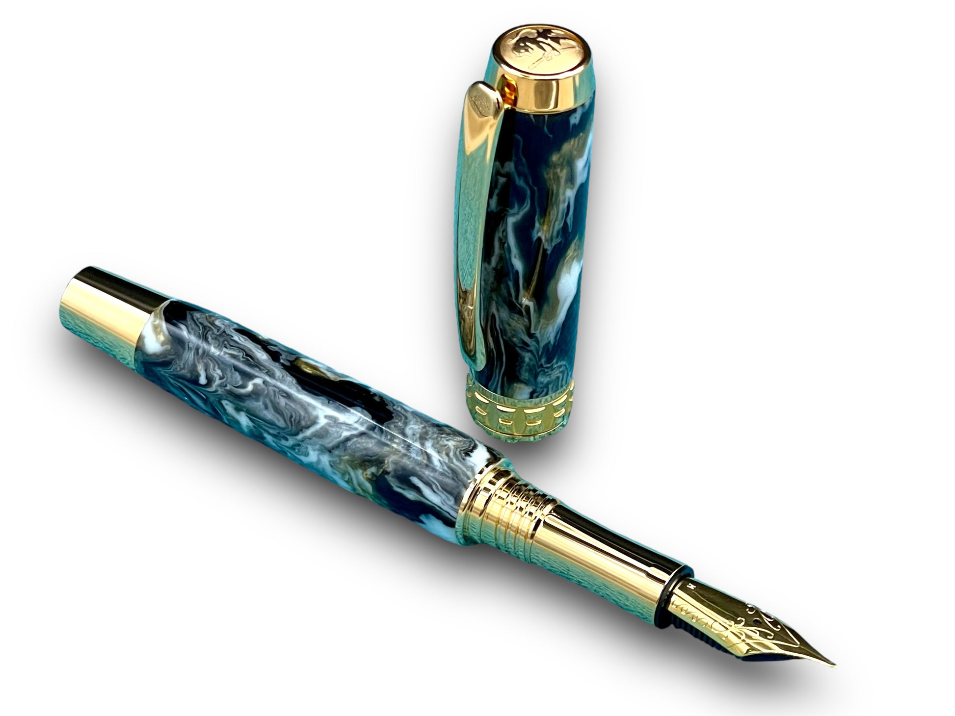 Elegant “Black/Gold Swirl” Handcrafted Luxury Gold Fountain Pen, One of a Kind, Handmade in Colorado. Ink, Converter, Sleeve, & Box Included - HighlanderPen